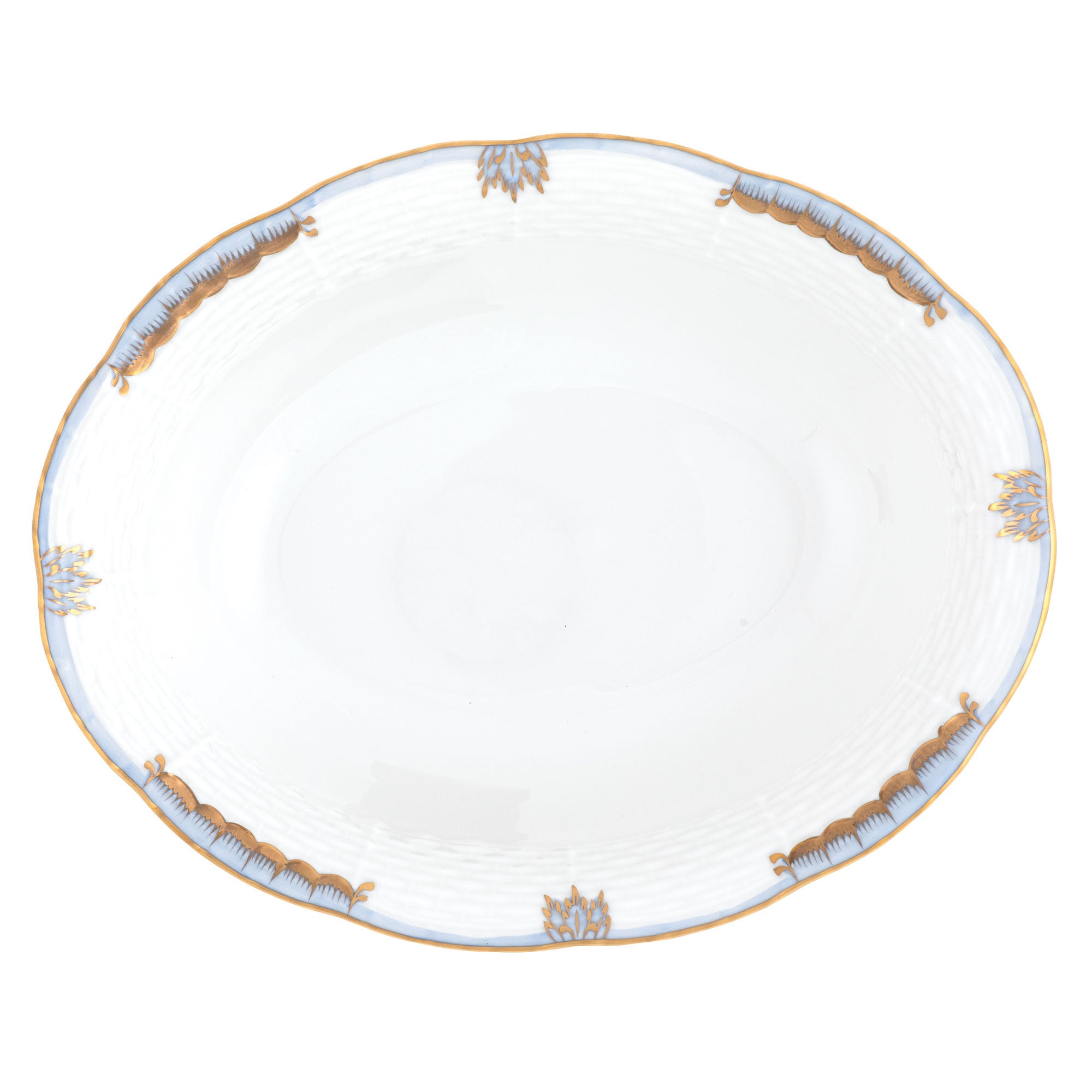 Hand-painted Herend Princess Victoria Light Blue Oval Vegetable Dish Serving Bowl in fine porcelain, 10in L X 8in W, on a white background