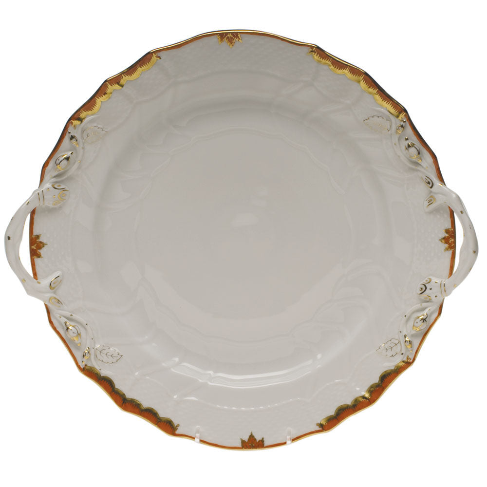 Hand-painted Herend Princess Victoria Rust Chop Plate with Handles in fine porcelain, 12in D, on a white background