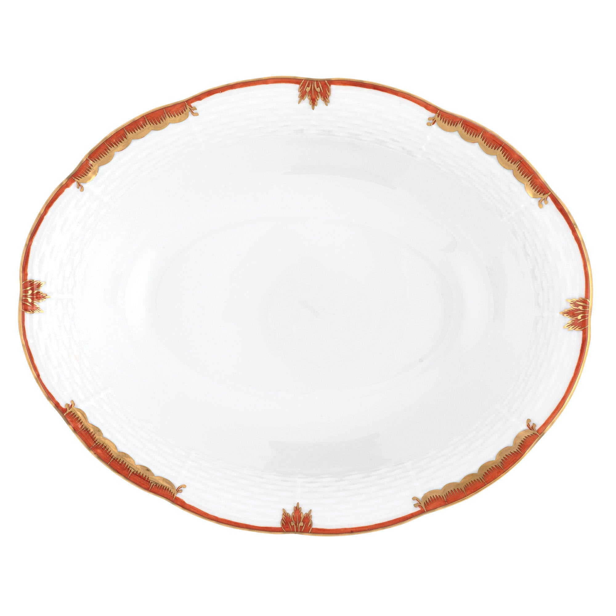 Hand-painted Herend Princess Victoria Rust Oval Vegetable Dish Serving Bowl in fine porcelain, 10in L X 8in W, on a white background
