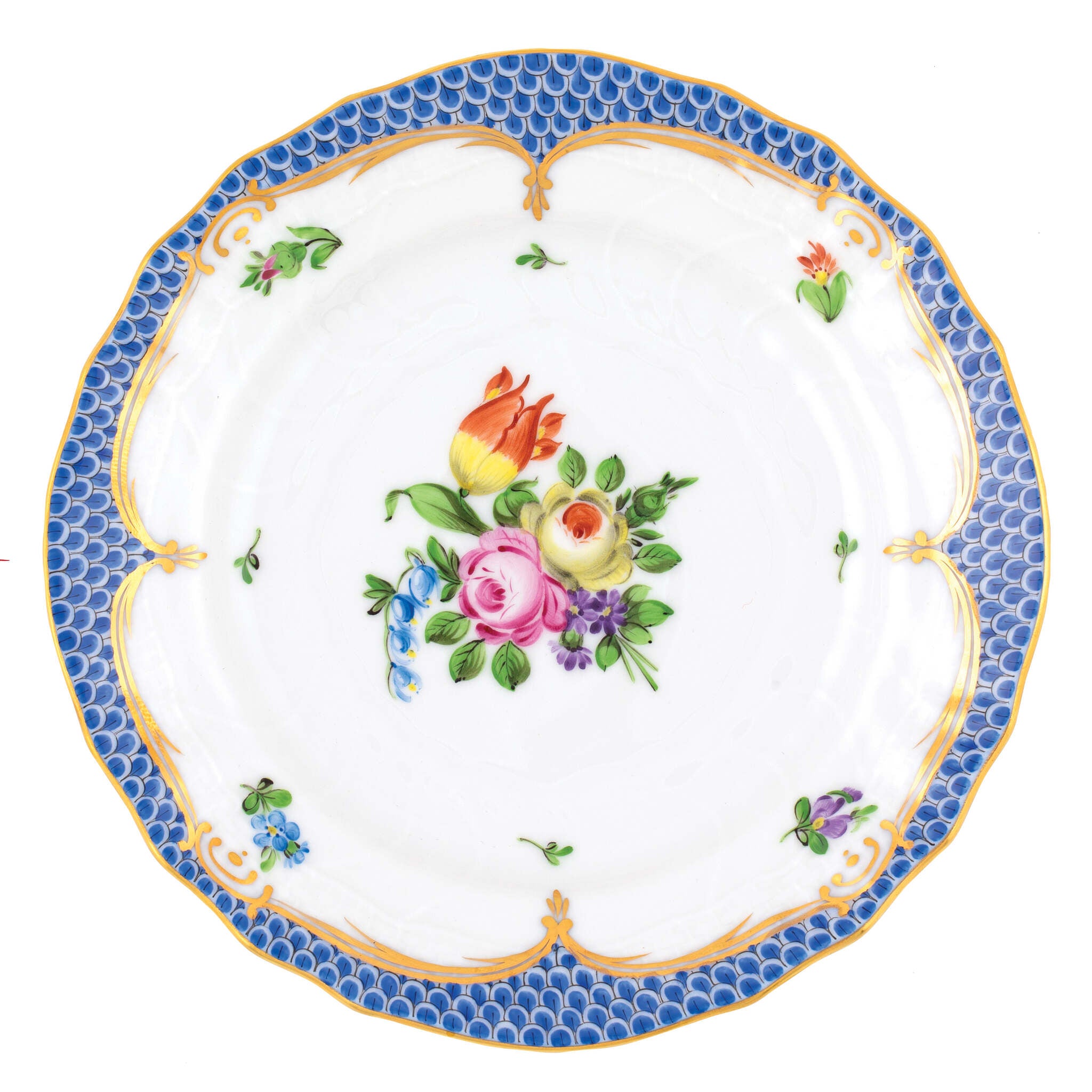 Hand-painted Herend Printemps Blue Border Bread and Butter Plate in fine porcelain, 6in D,, Motif 1, on a white background