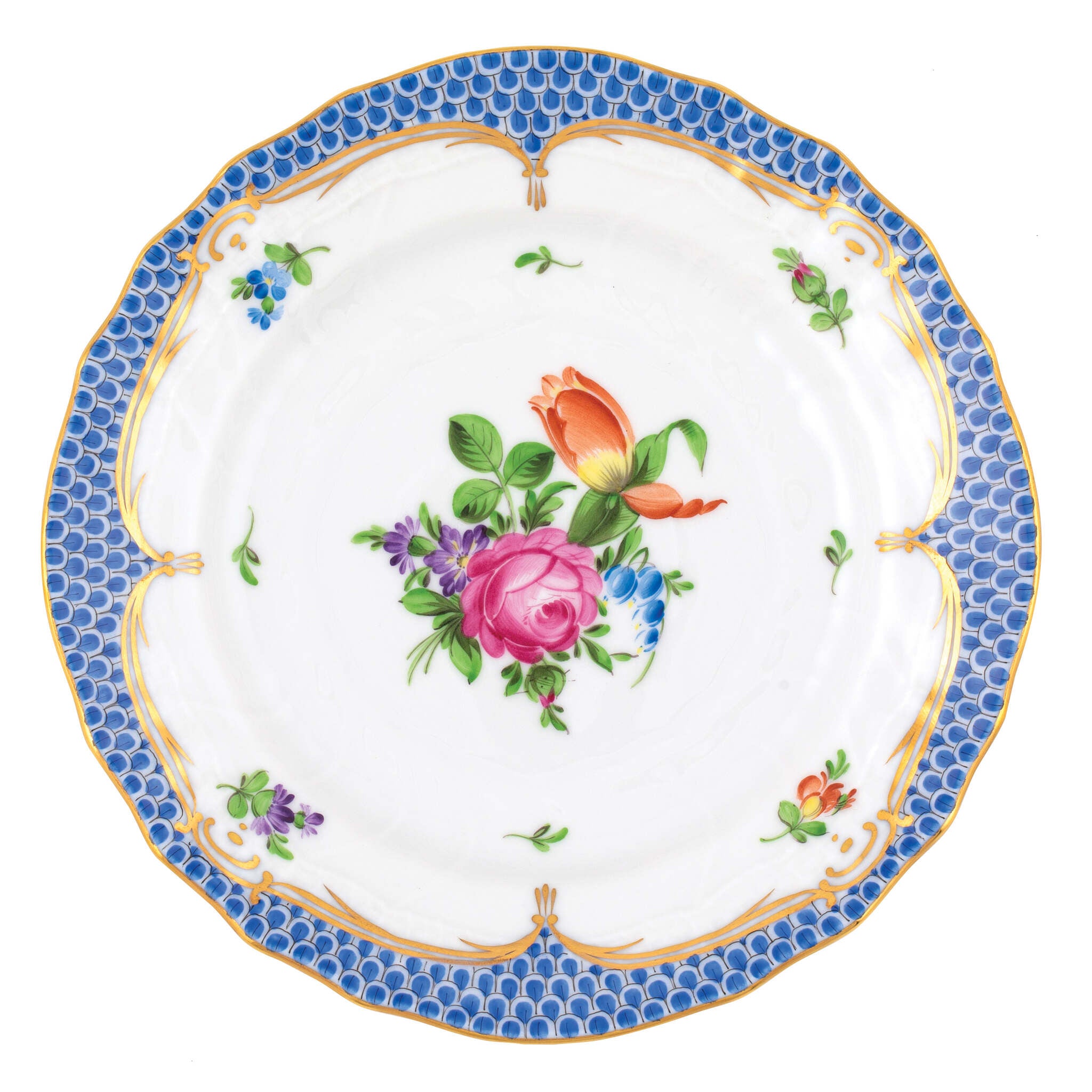 Hand-painted Herend Printemps Blue Border Bread and Butter Plate in fine porcelain, 6in D,, Motif 2, on a white background