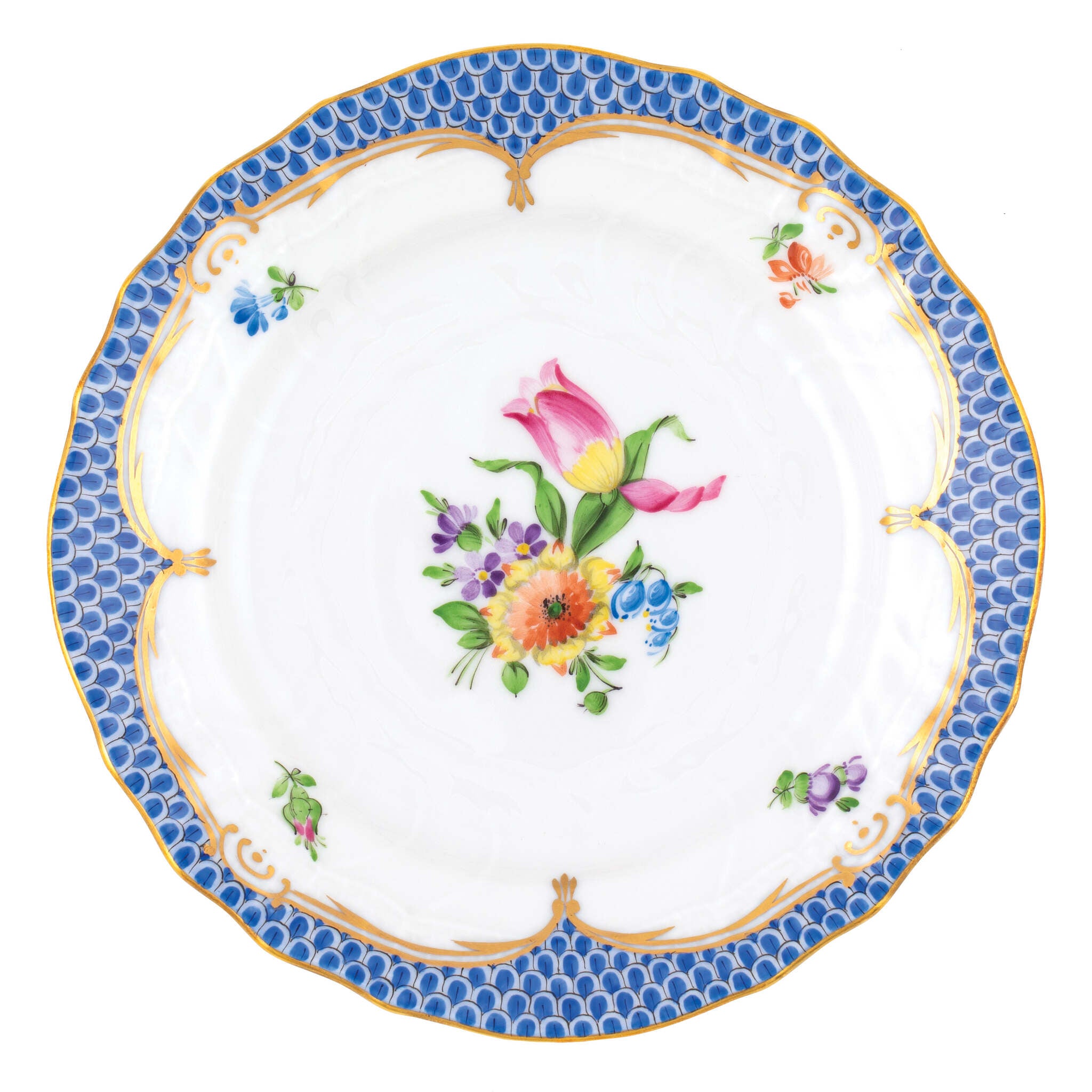 Hand-painted Herend Printemps Blue Border Bread and Butter Plate in fine porcelain, 6in D,, Motif 3, on a white background