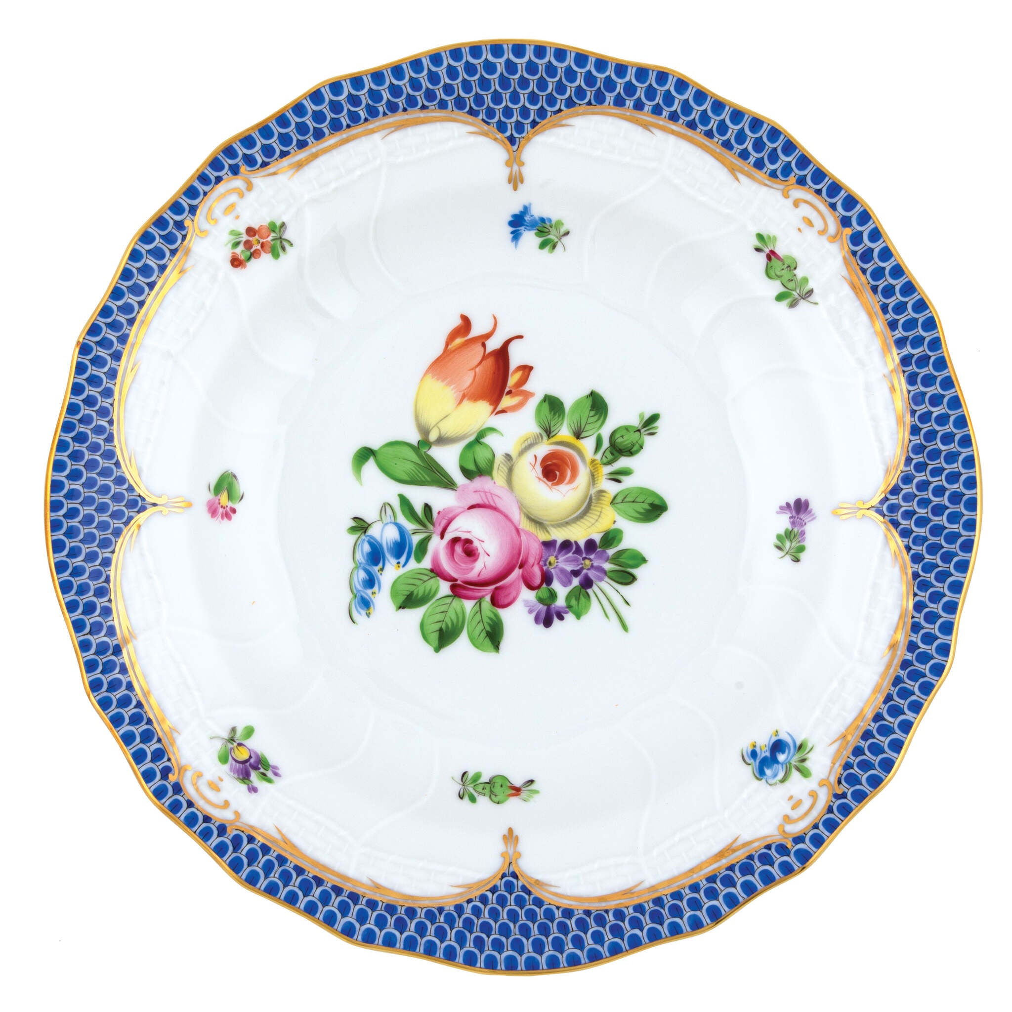 Hand-painted Herend Printemps Blue Border Dessert Plate in fine porcelain, 8.25in D,, Motif 1, on a white background