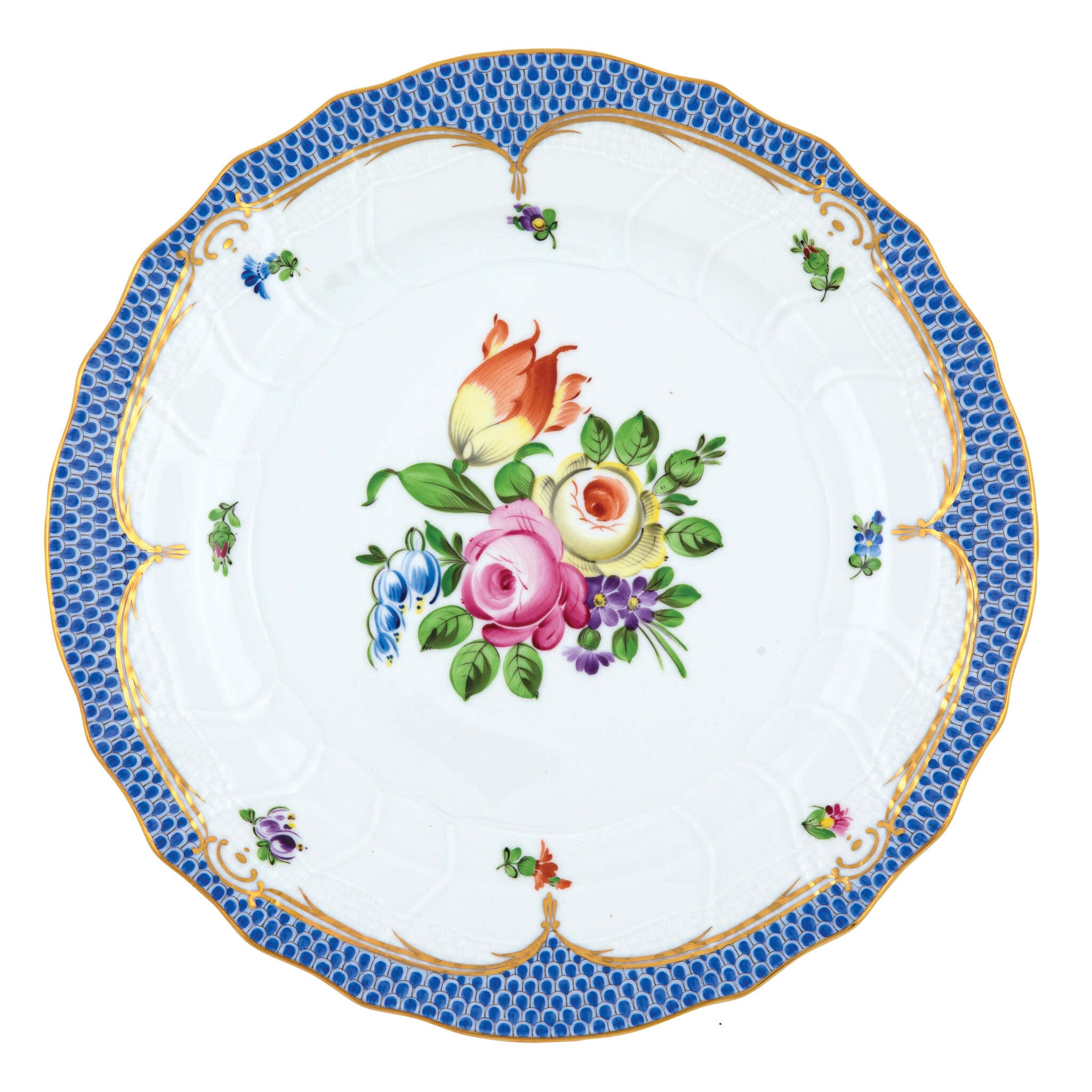 Hand-painted Herend Printemps Blue Border Dinner Plate in fine porcelain, 10.5in D,, Motif 1, on a white background