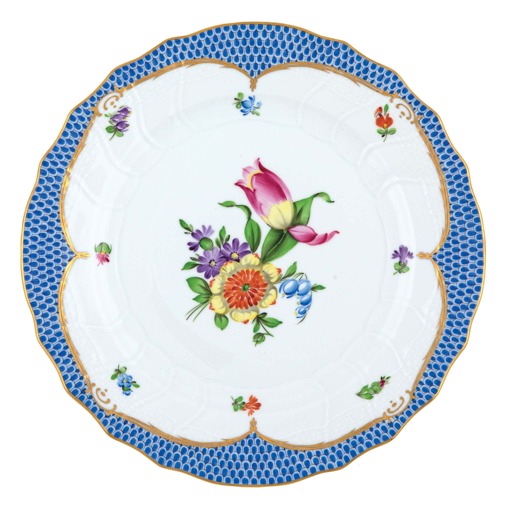 Hand-painted Herend Printemps Blue Border Dinner Plate in fine porcelain, 10.5in D,, Motif 3, on a white background