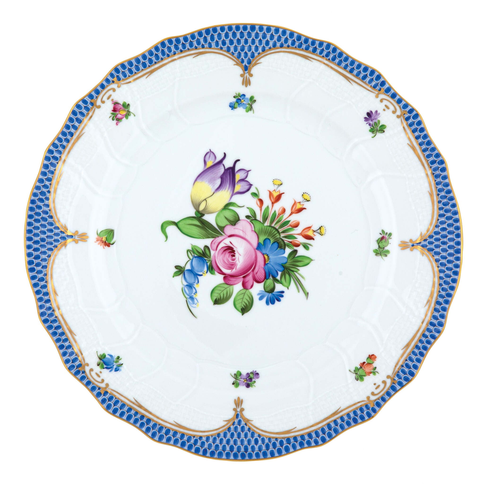 Hand-painted Herend Printemps Blue Border Dinner Plate in fine porcelain, 10.5in D,, Motif 4, on a white background