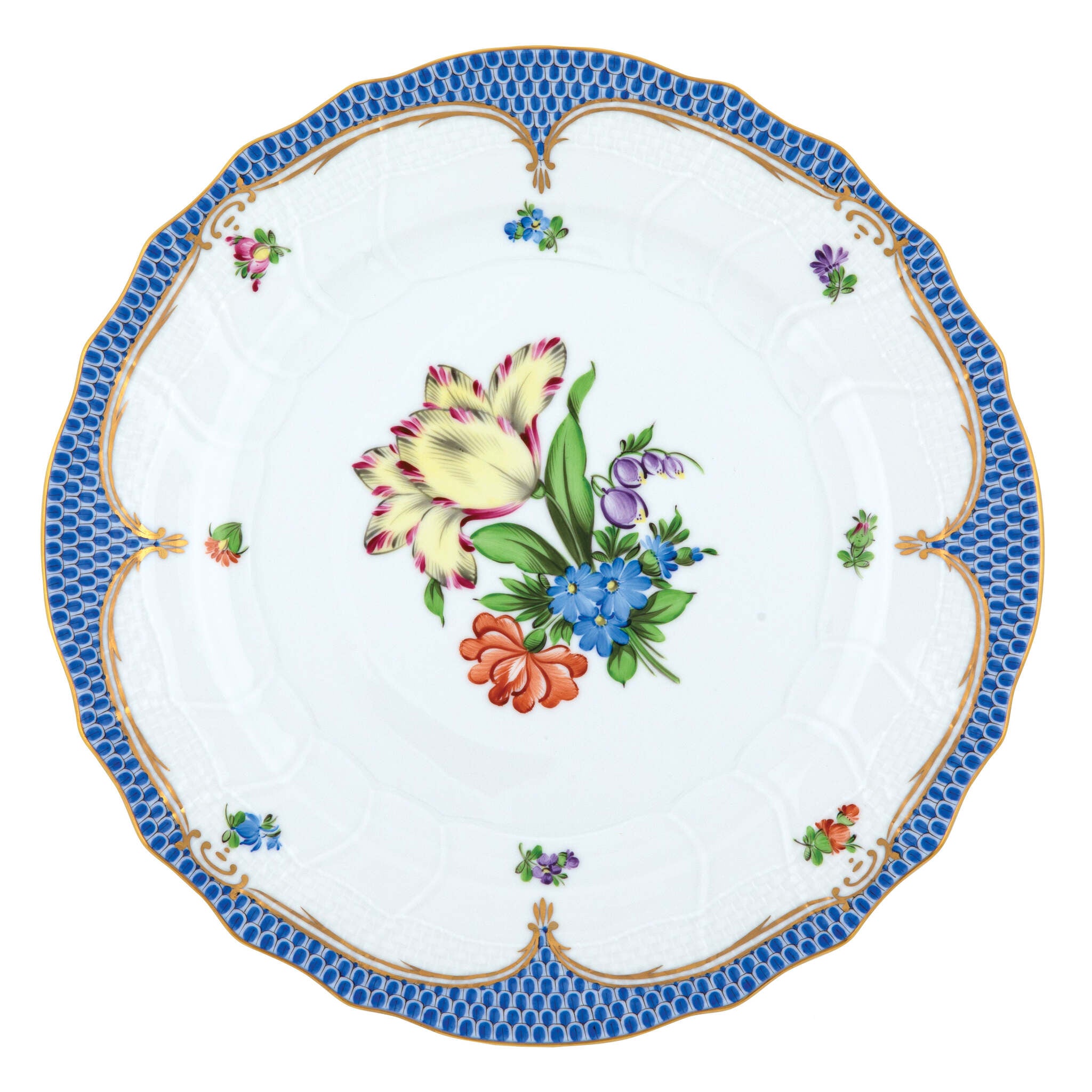 Hand-painted Herend Printemps Blue Border Dinner Plate in fine porcelain, 10.5in D,, Motif 5, on a white background