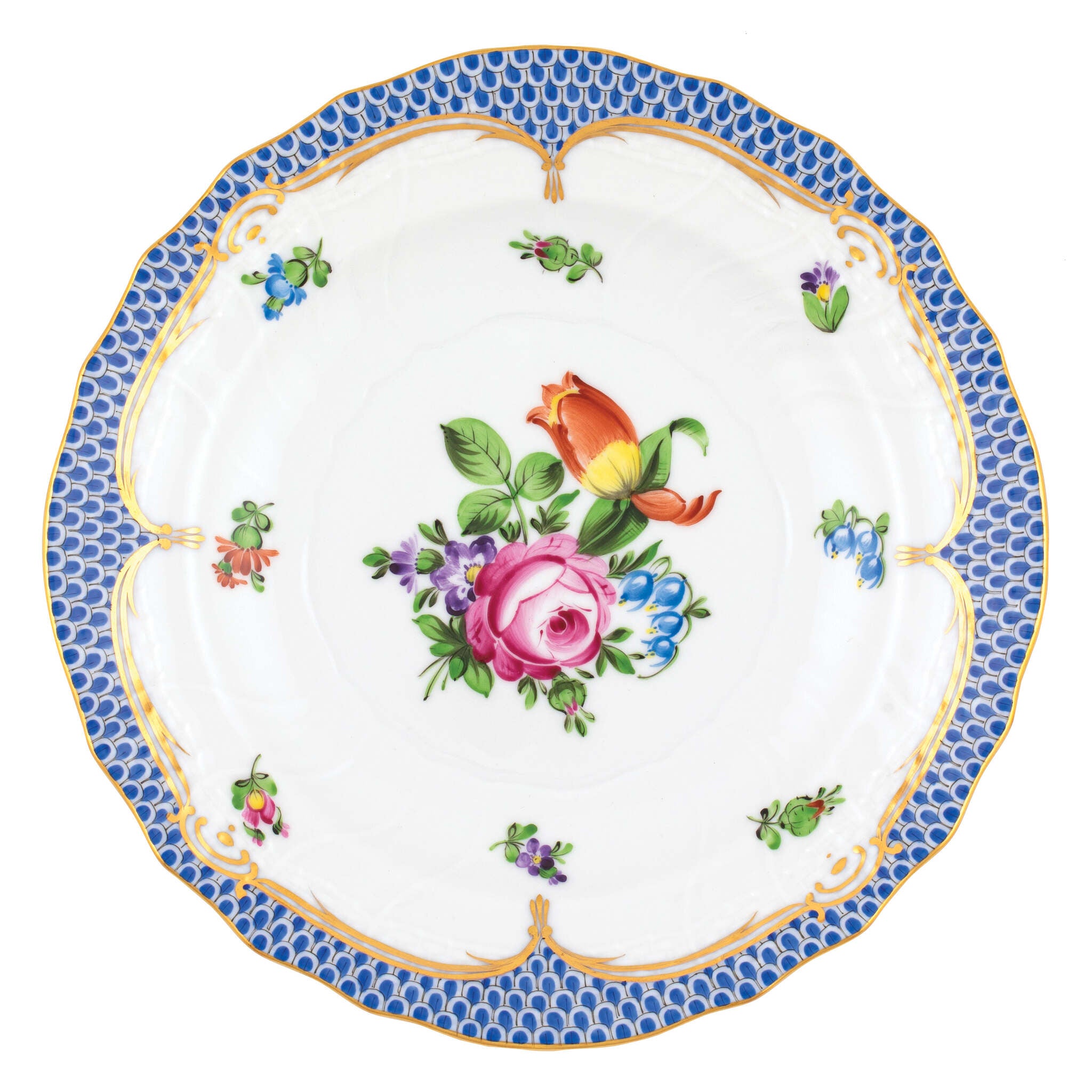 Hand-painted Herend Printemps Blue Border Salad Plate in fine porcelain, 7.5in D,, Motif 2, on a white background