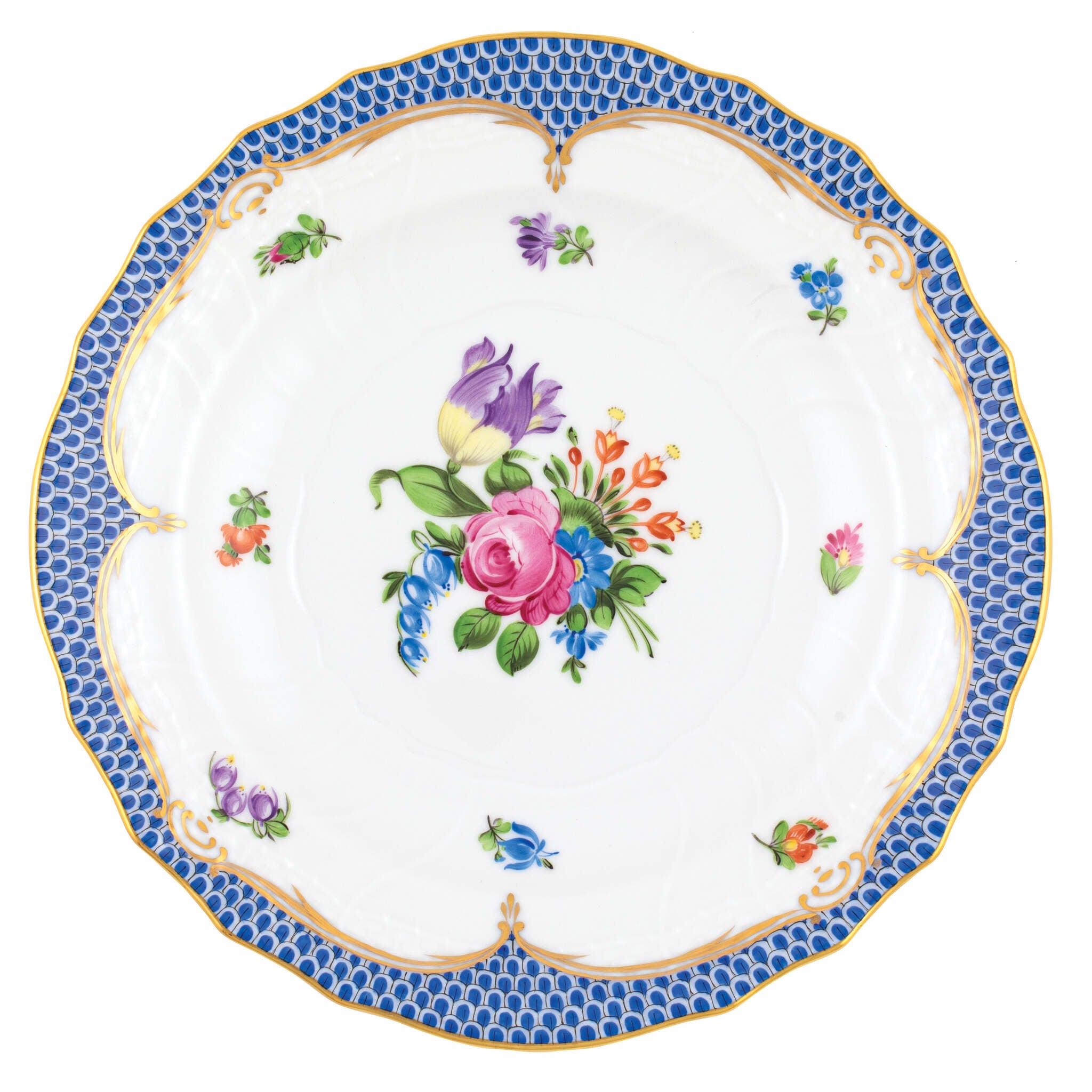 Hand-painted Herend Printemps Blue Border Salad Plate in fine porcelain, 7.5in D,, Motif 4, on a white background