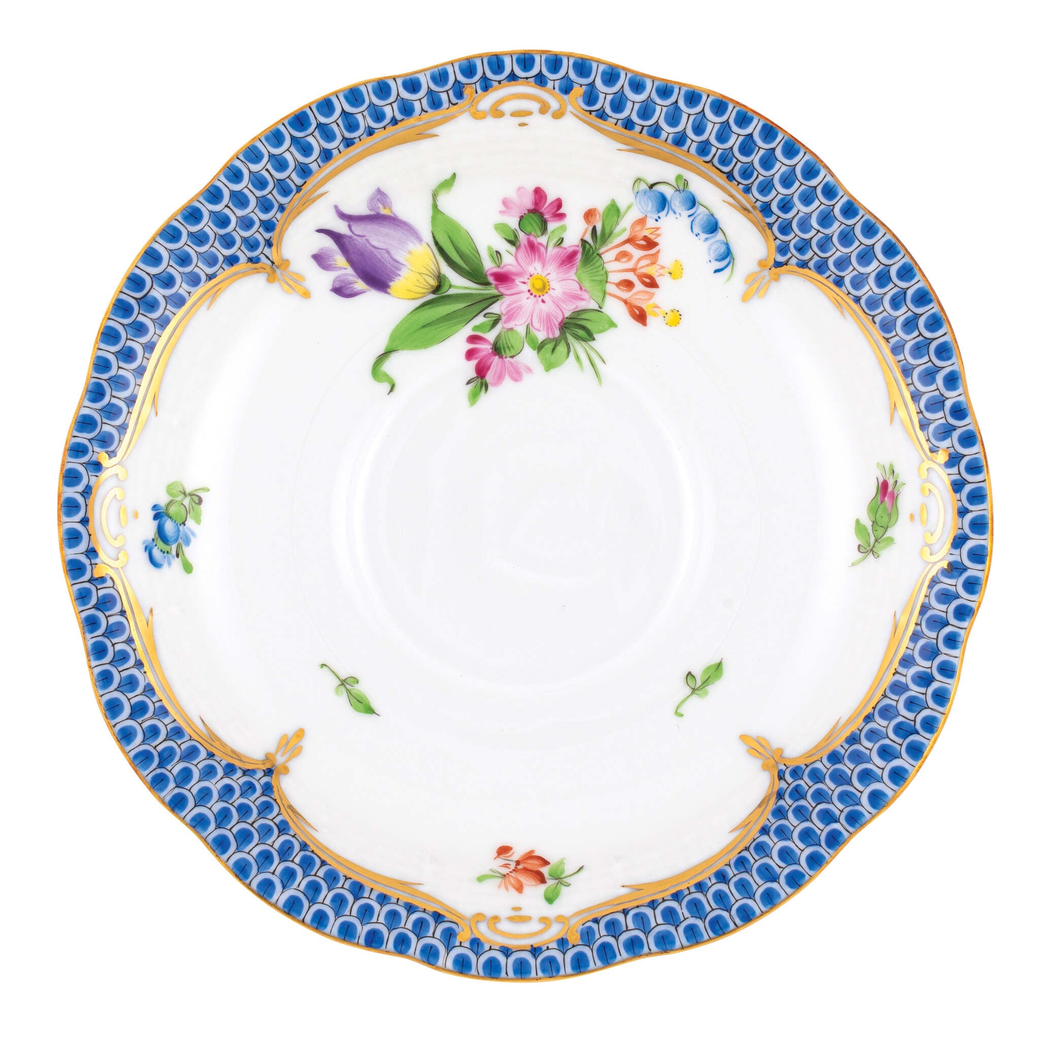 Hand-painted Herend Printemps Blue Border Tea Saucer Cup & Saucer Set in fine porcelain, 6in D,, Motif 4, on a white background