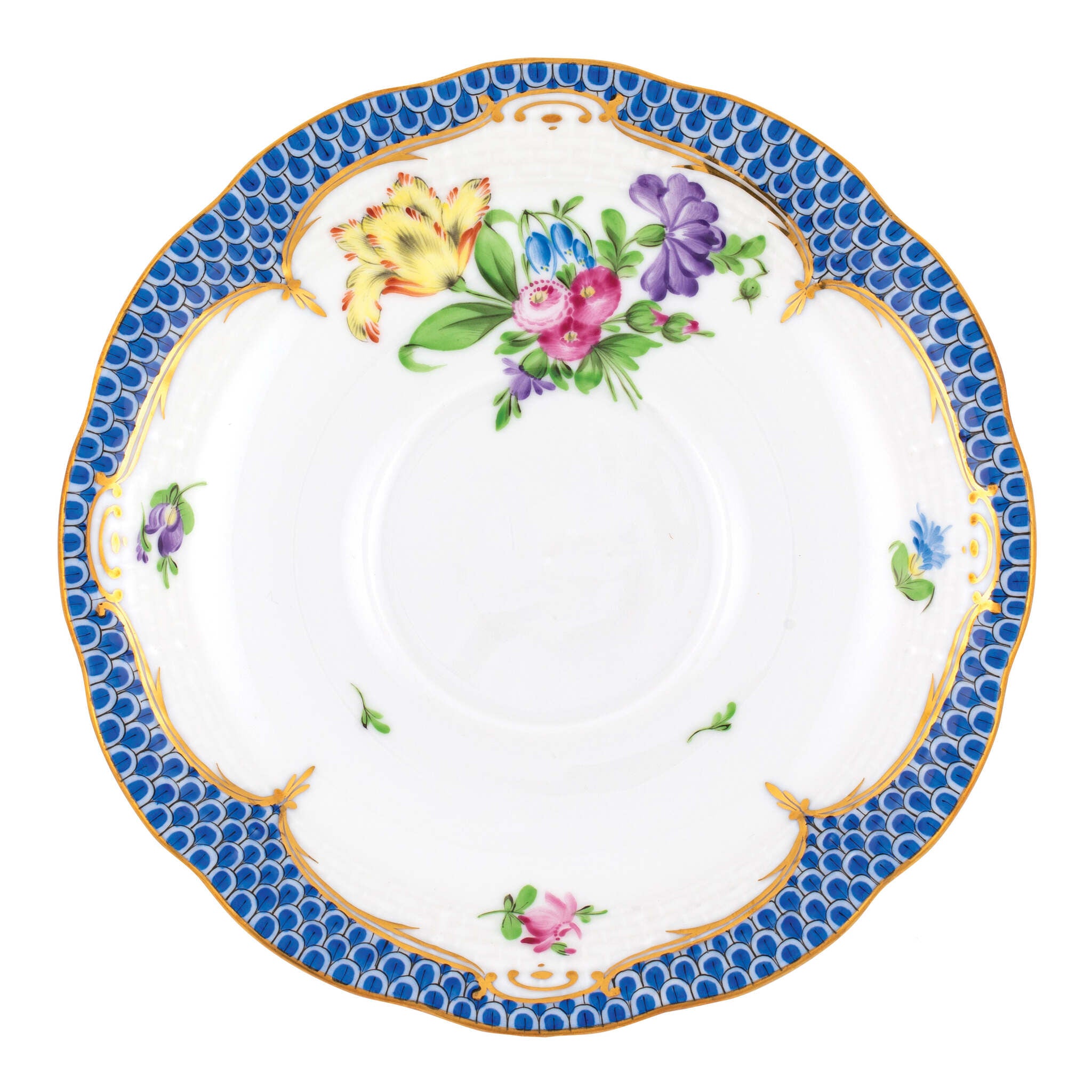 Hand-painted Herend Printemps Blue Border Tea Saucer Cup & Saucer Set in fine porcelain, 6in D,, Motif 6, on a white background