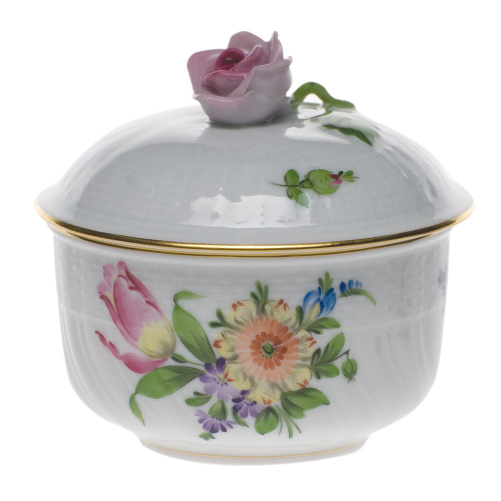 Hand-painted Herend Printemps Covered Sugar with Rose Sugar Bowl in fine porcelain, (4 OZ) 3.25in H, on a white background