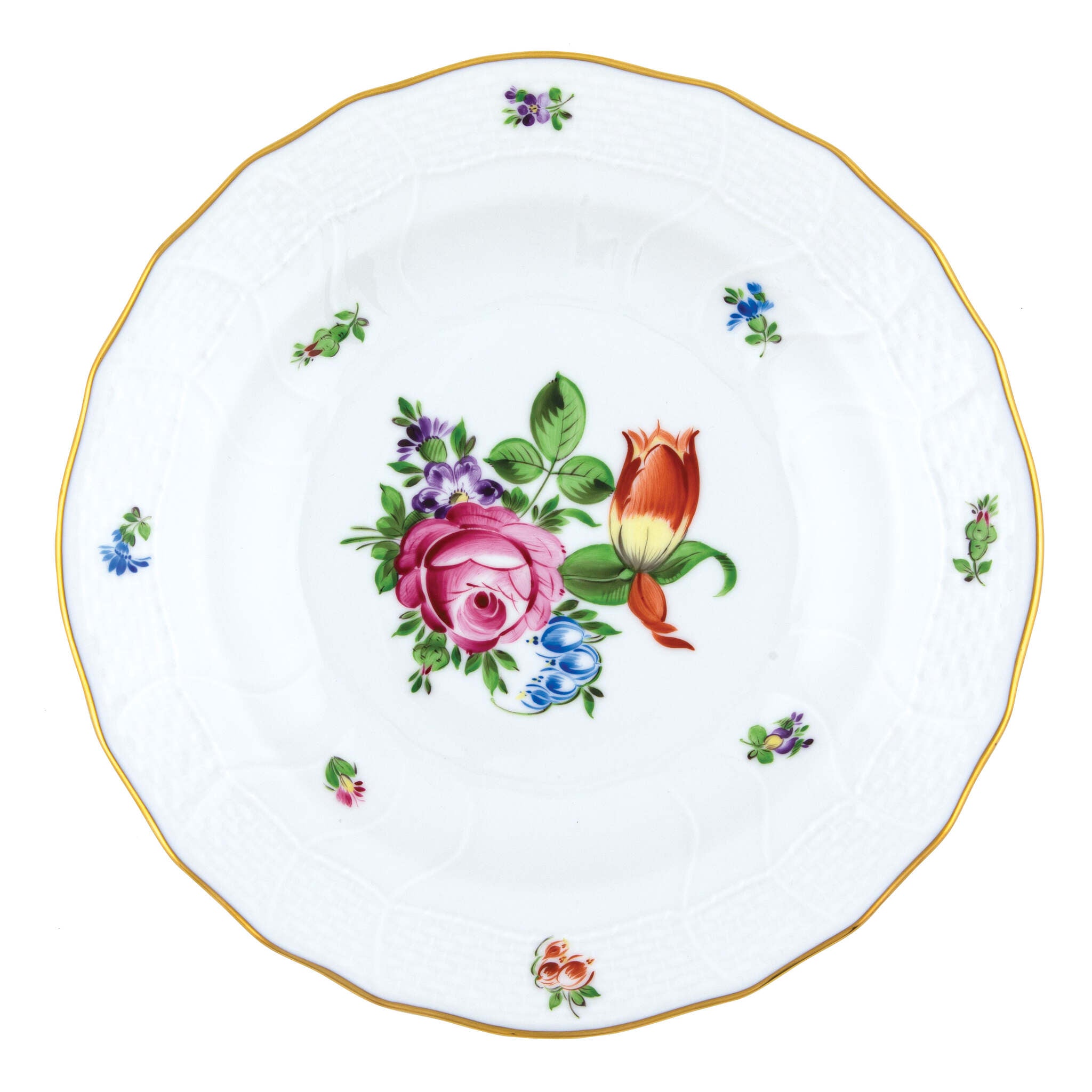 Hand-painted Herend Printemps Dessert Plate in fine porcelain, 8.25in D,, Motif 2, on a white background