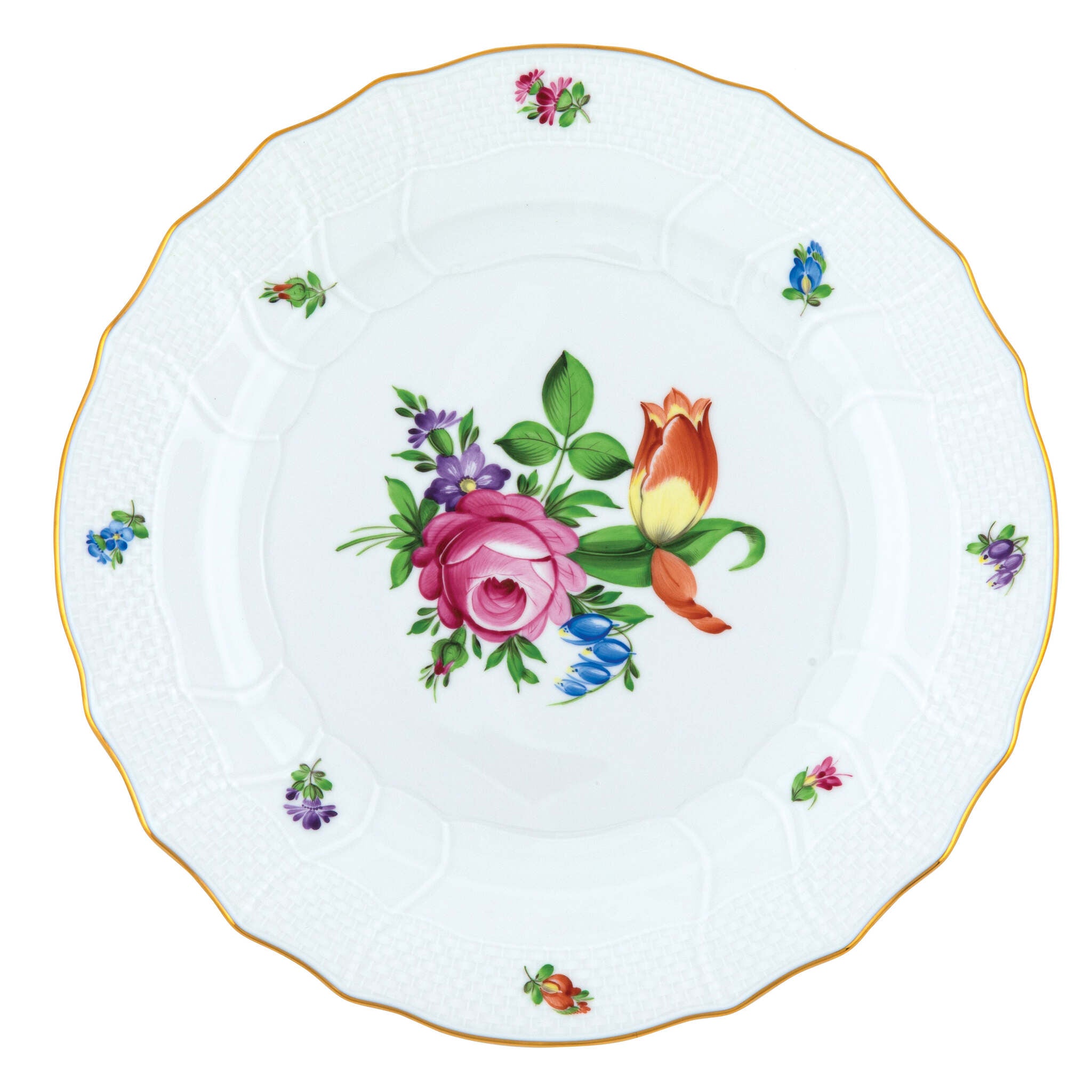 Hand-painted Herend Printemps Dinner Plate in fine porcelain, 10.5in D,, Motif 2, on a white background