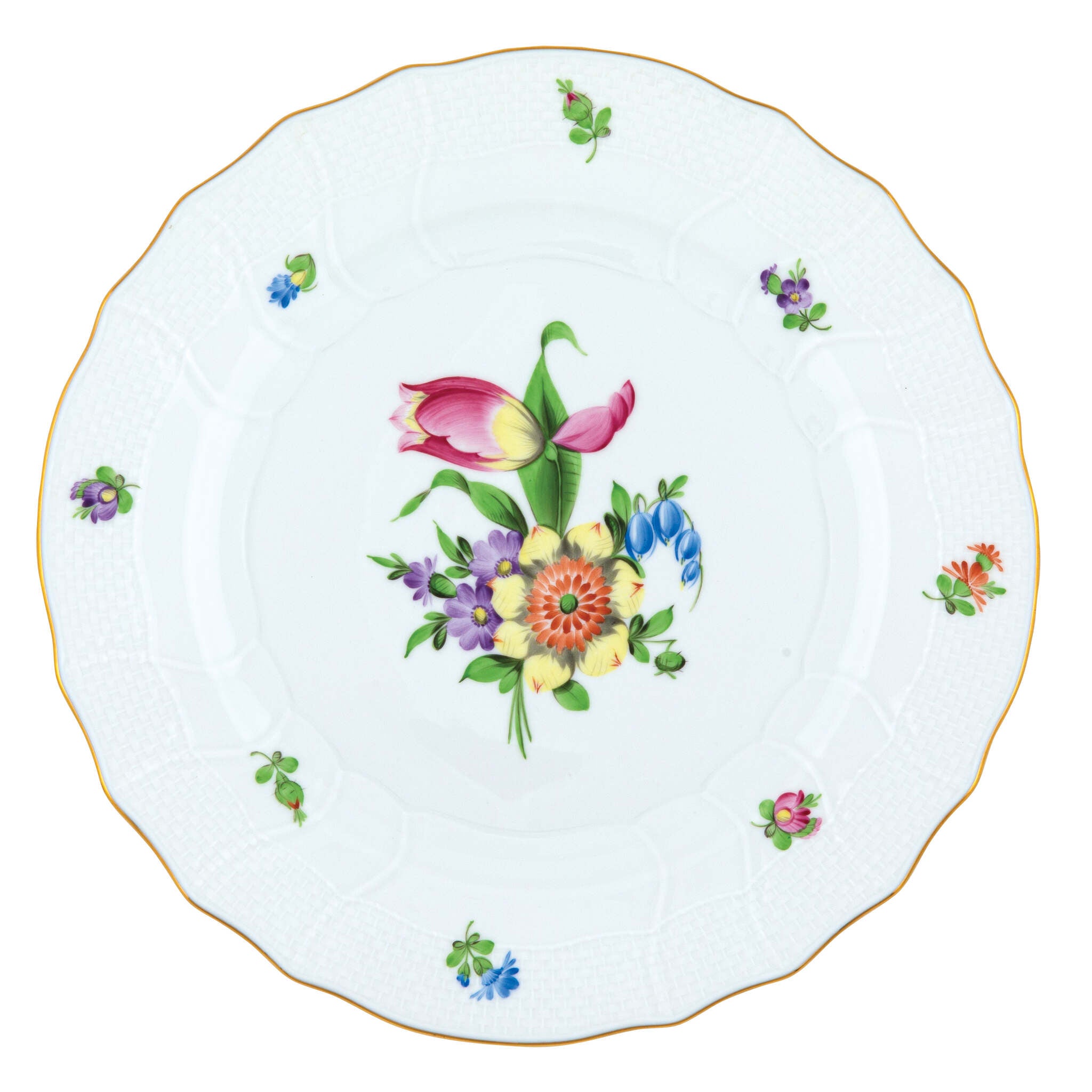 Hand-painted Herend Printemps Dinner Plate in fine porcelain, 10.5in D,, Motif 3, on a white background