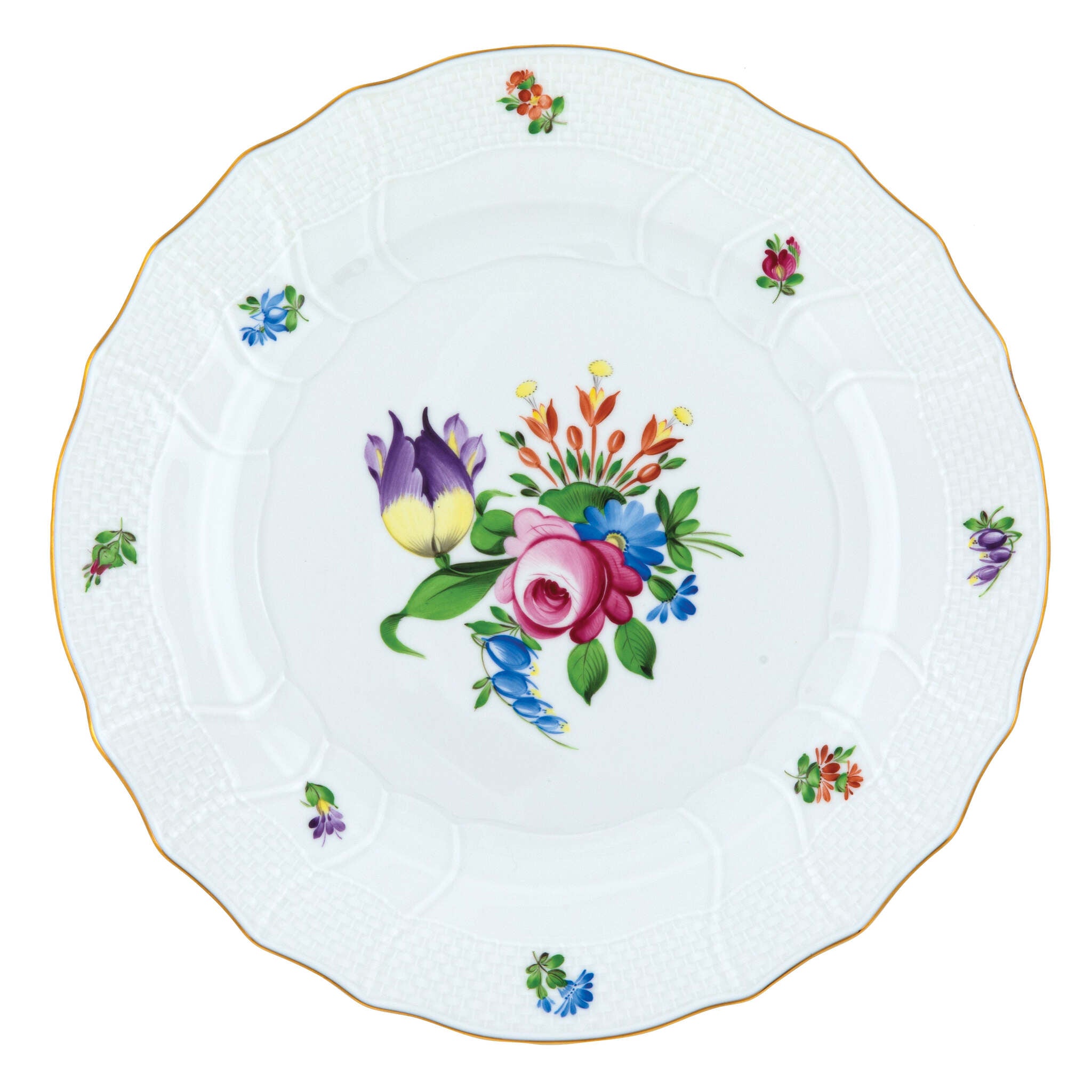 Hand-painted Herend Printemps Dinner Plate in fine porcelain, 10.5in D,, Motif 4, on a white background