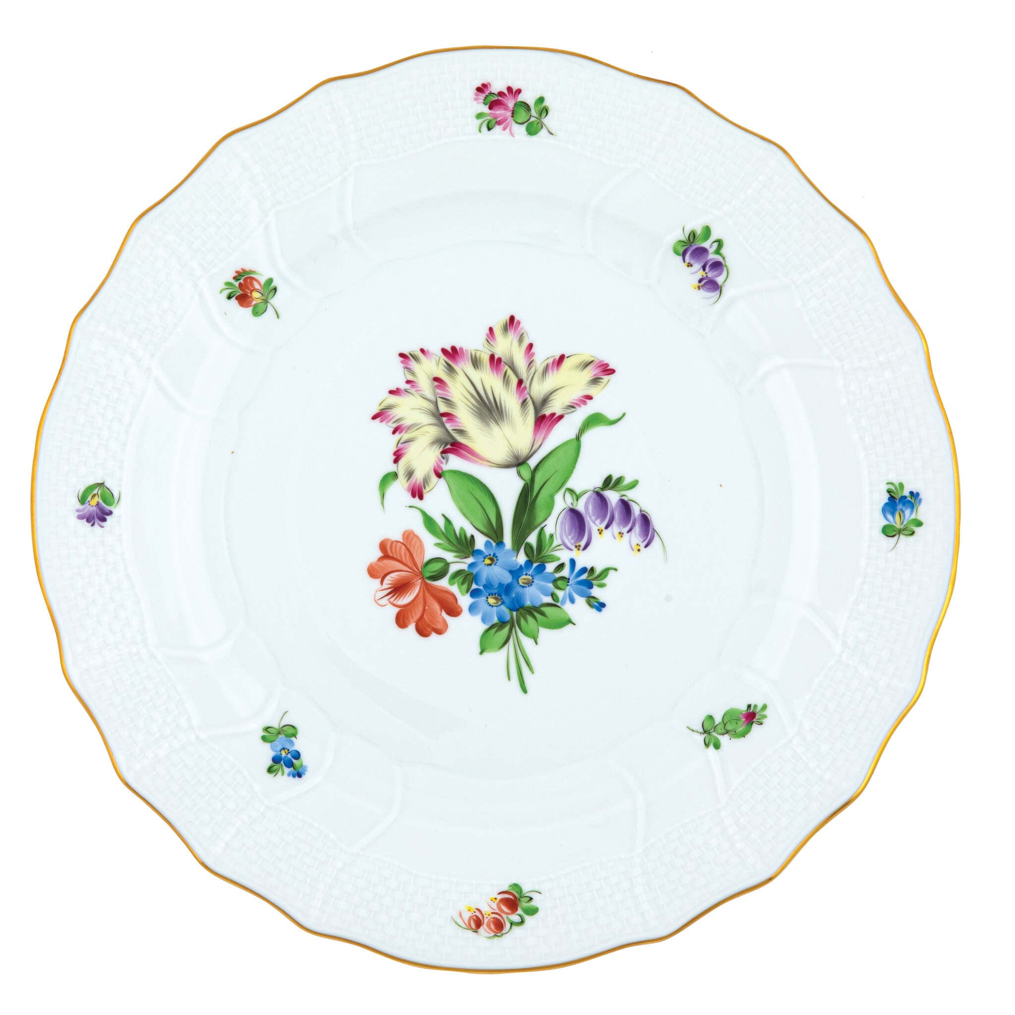 Hand-painted Herend Printemps Dinner Plate in fine porcelain, 10.5in D,, Motif 5, on a white background