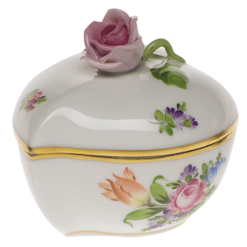 Hand-painted Herend Printemps Heart Bonbon with Rose Candy Dish in fine porcelain, 3in L X 2in H, on a white background