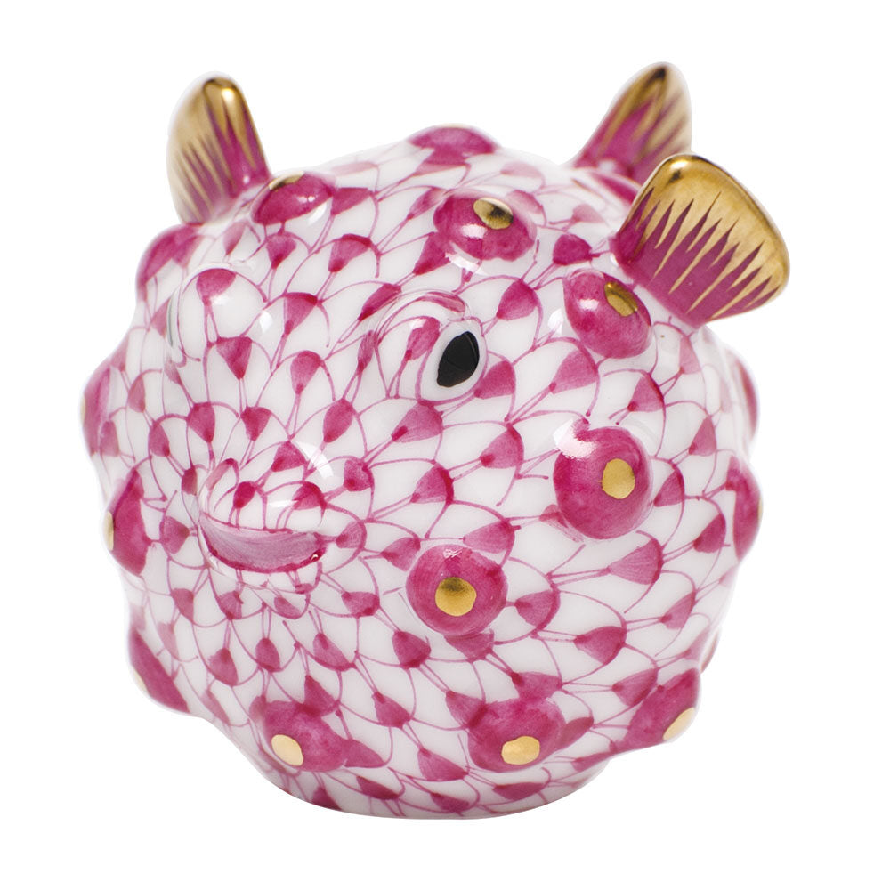 Raspberry fishnet Puffer Fish Figurine figurine, hand-painted Herend porcelain with 24k gold accents