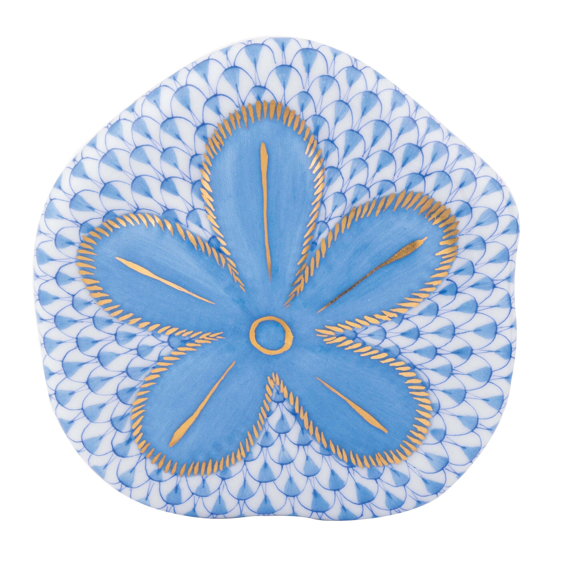 Hand-painted Herend Puffy Sand Dollar Figurine in Blue fishnet porcelain on a white background