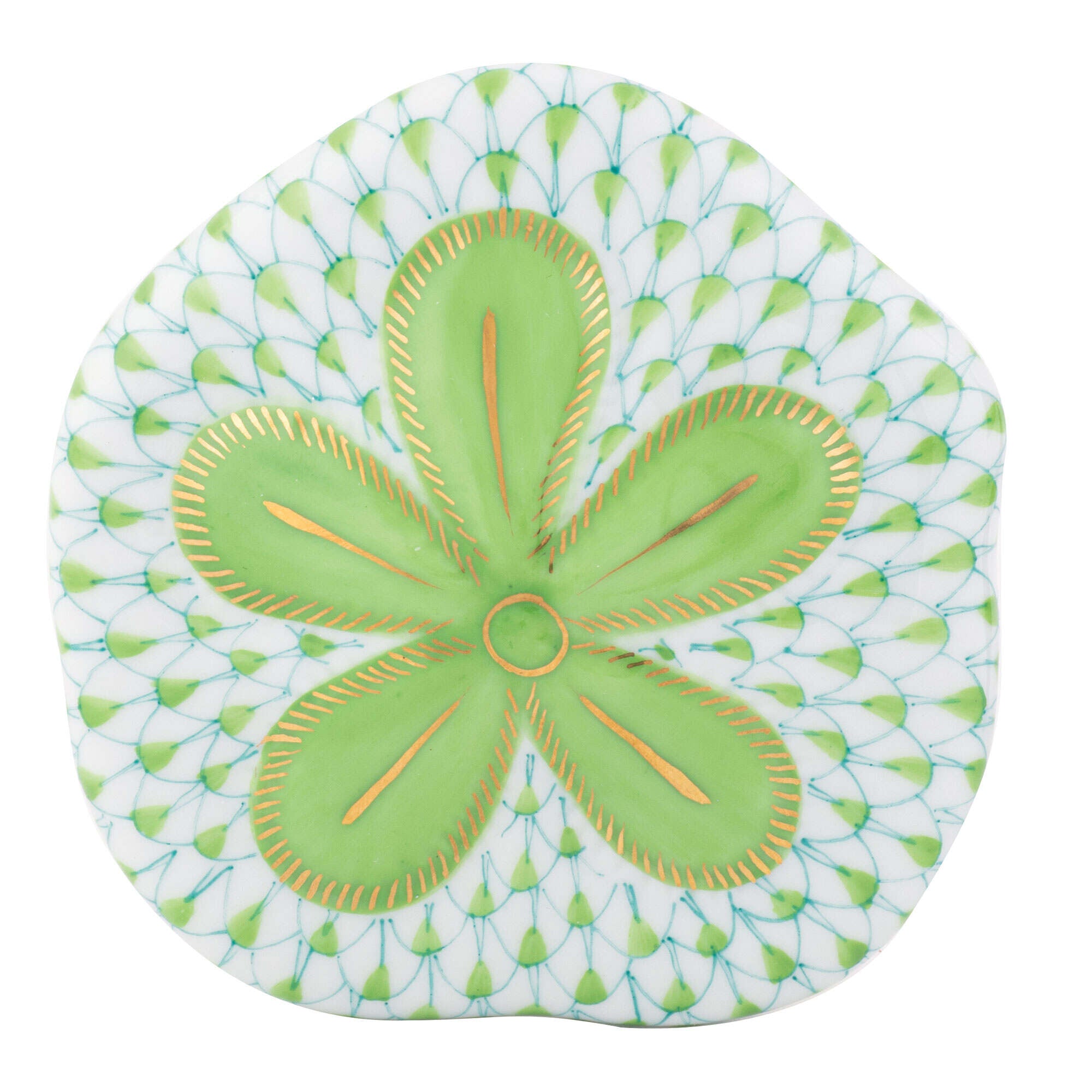 Hand-painted Herend Puffy Sand Dollar Figurine in Key Lime fishnet porcelain on a white background
