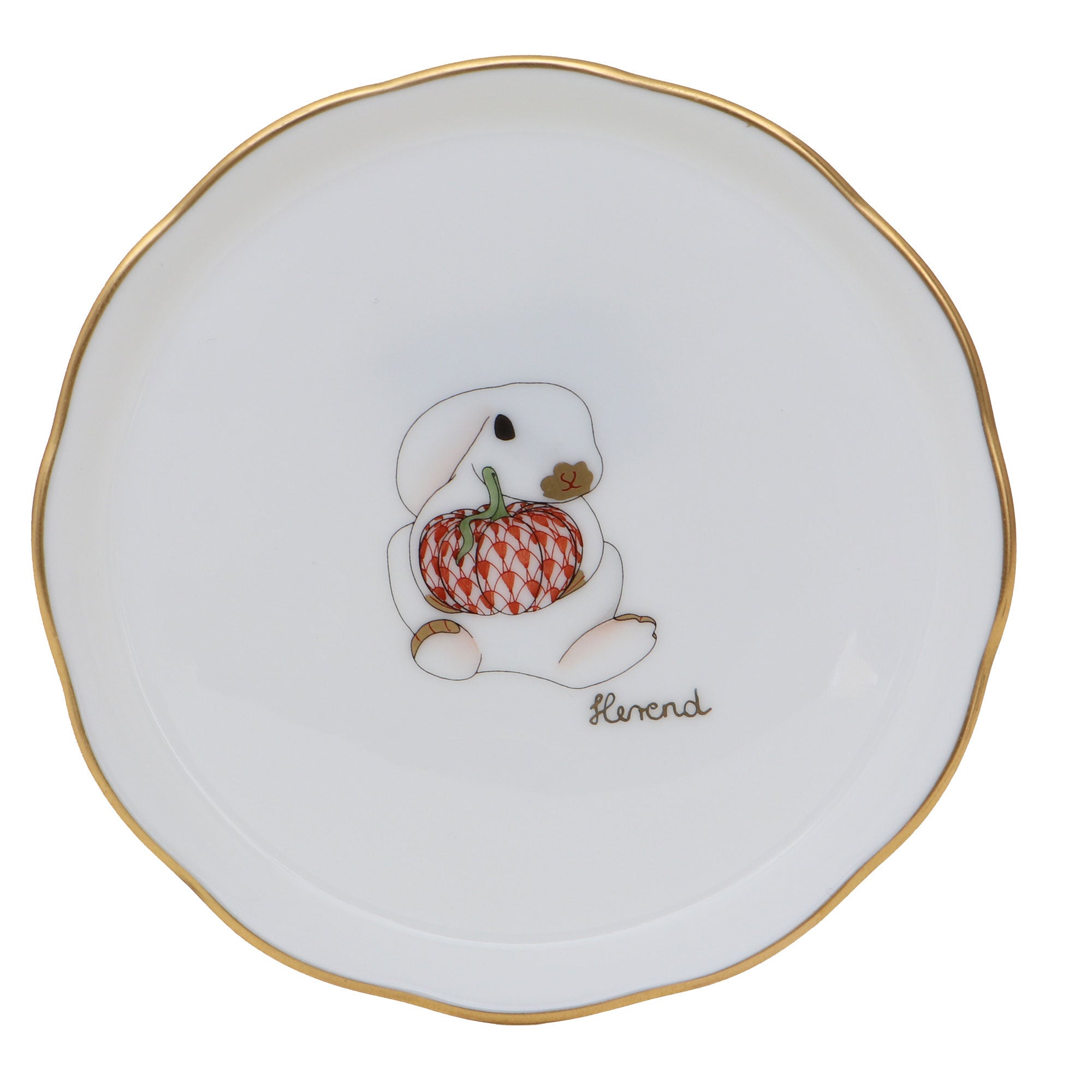 Hand-painted Herend Pumpkin Bunny Coaster in fine porcelain, 4in D, on a white background