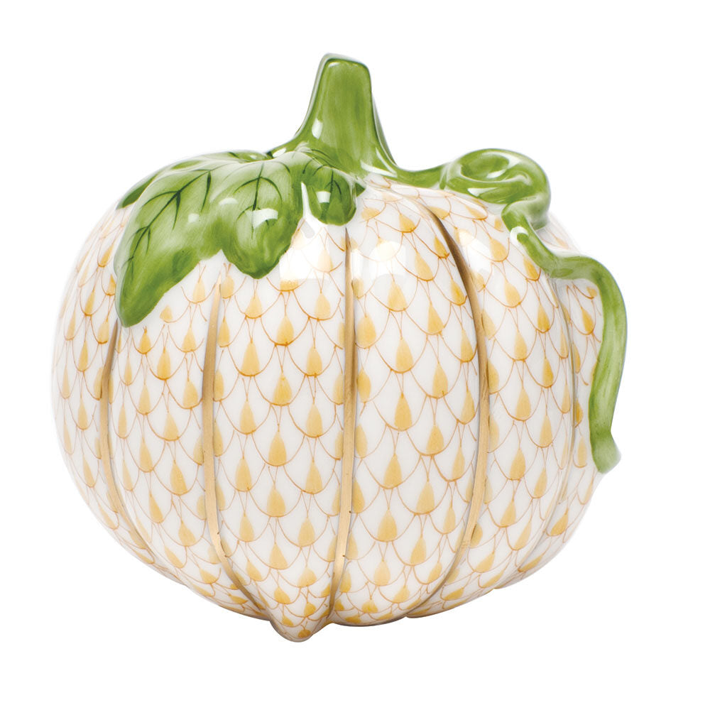 Hand-painted Herend Pumpkin Figurine in Butterscotch fishnet porcelain on a white background