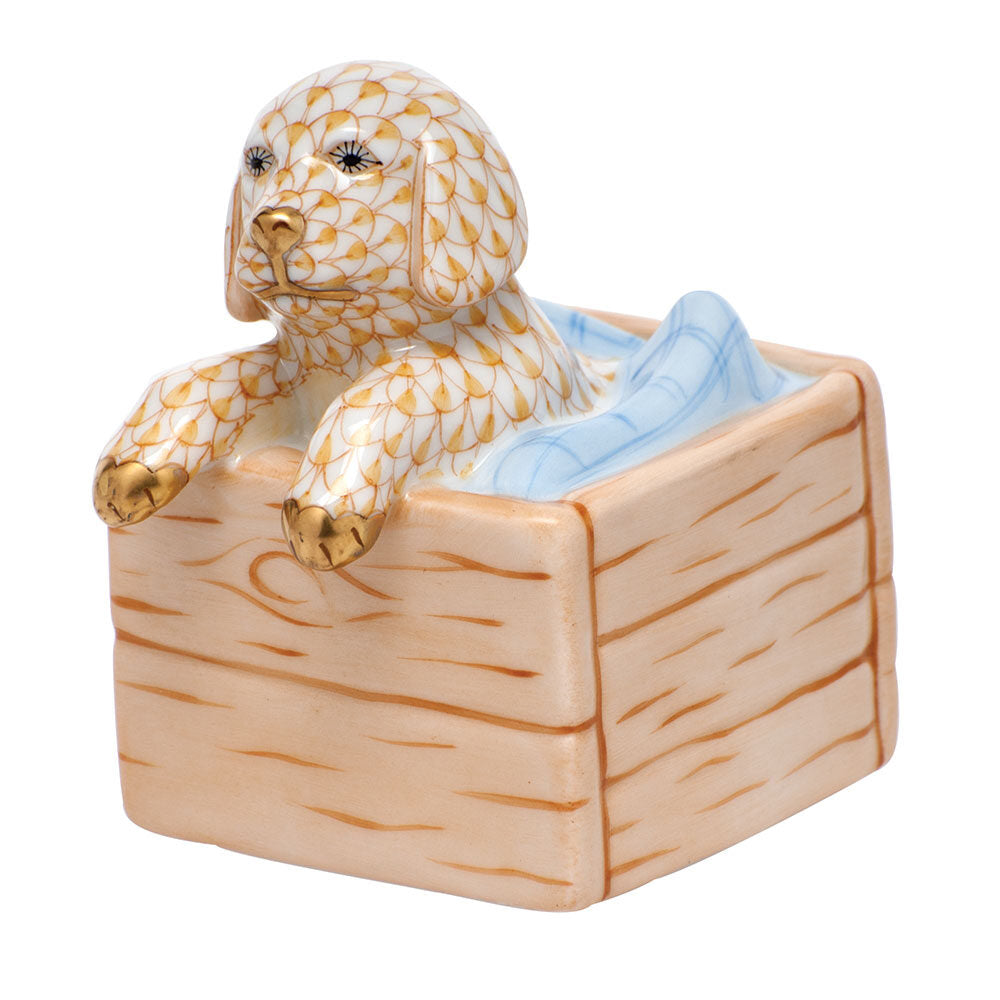Hand-painted Herend Puppy in Crate Figurine in fine porcelain, 2.25in L X 2.75in H, on a white background
