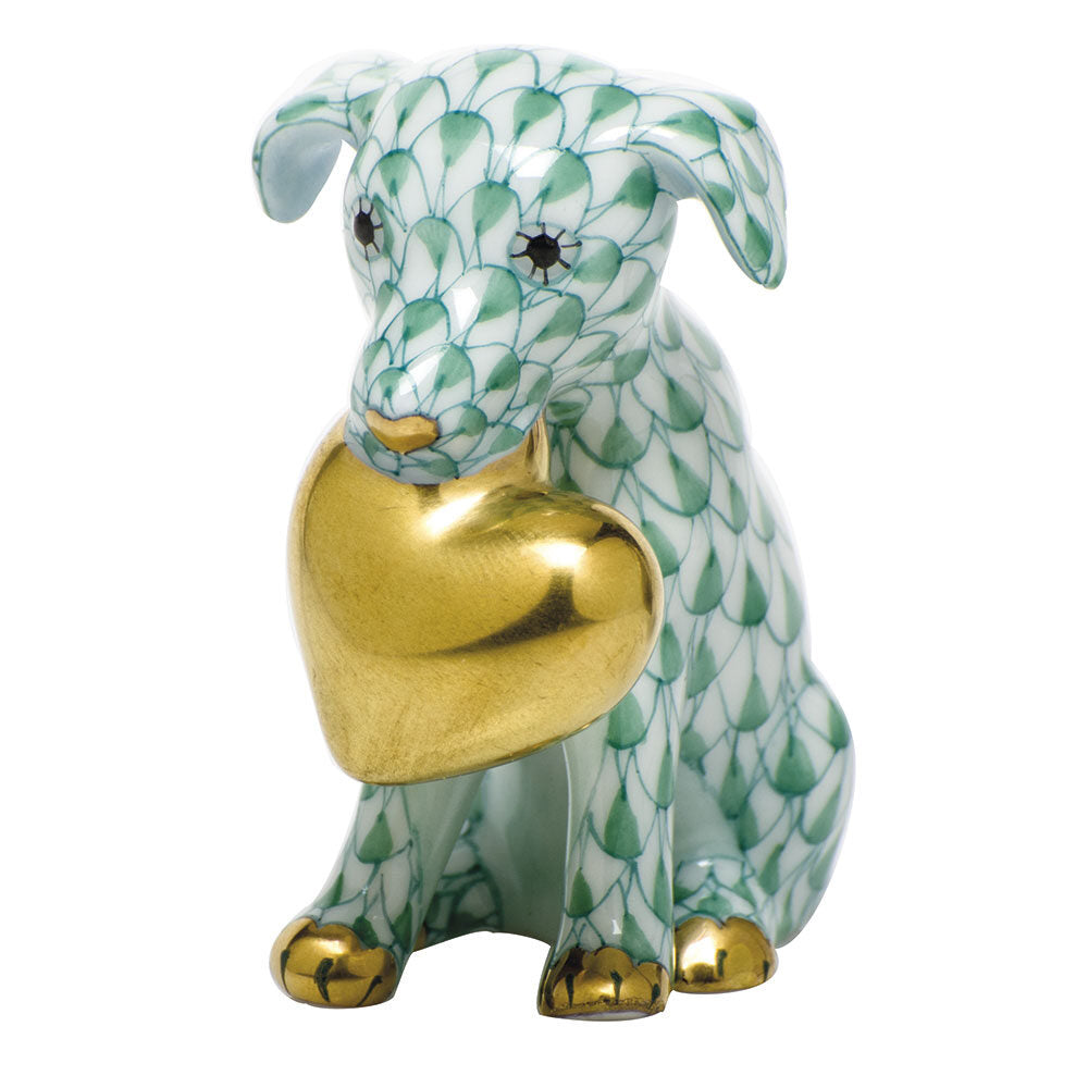 Green fishnet Puppy Love Figurine figurine, hand-painted Herend porcelain with 24k gold accents