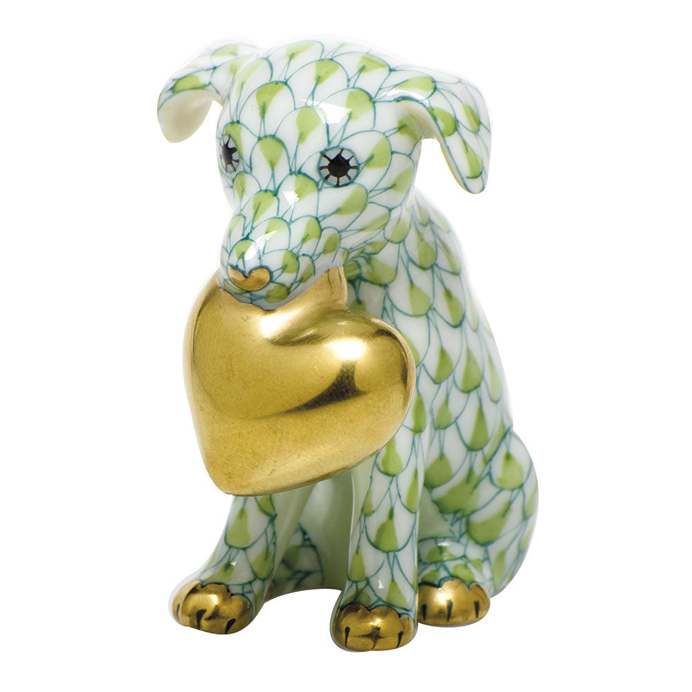 Hand-painted Herend Puppy Love Figurine in Key Lime fishnet porcelain on a white background