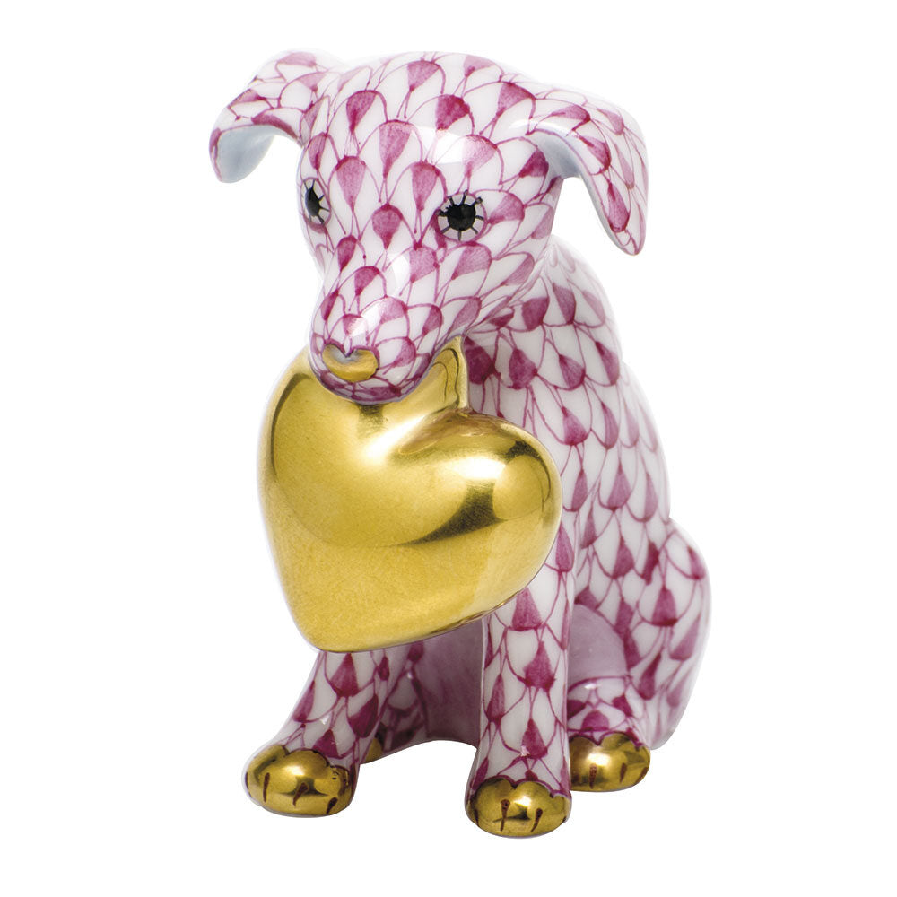Herend Puppy Love Figurine porcelain figurine painted in the Raspberry fishnet pattern