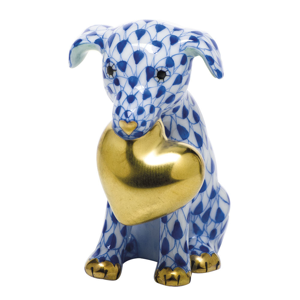 Hand-painted Herend Puppy Love Figurine in Sapphire fishnet porcelain on a white background