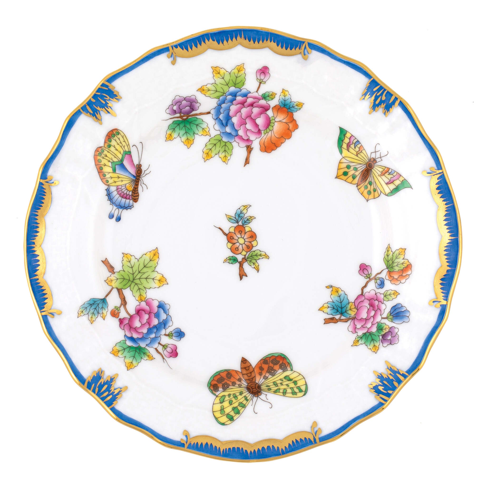 Hand-painted Herend Queen Victoria (Blue) Bread and Butter Plate in fine porcelain, 6in D, on a white background