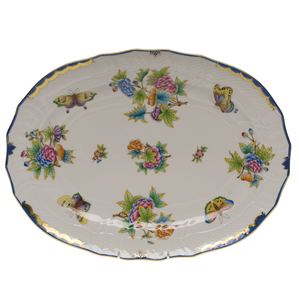 Hand-painted Herend Queen Victoria (Blue) Platter in fine porcelain, 15in L X 11.5in W, on a white background