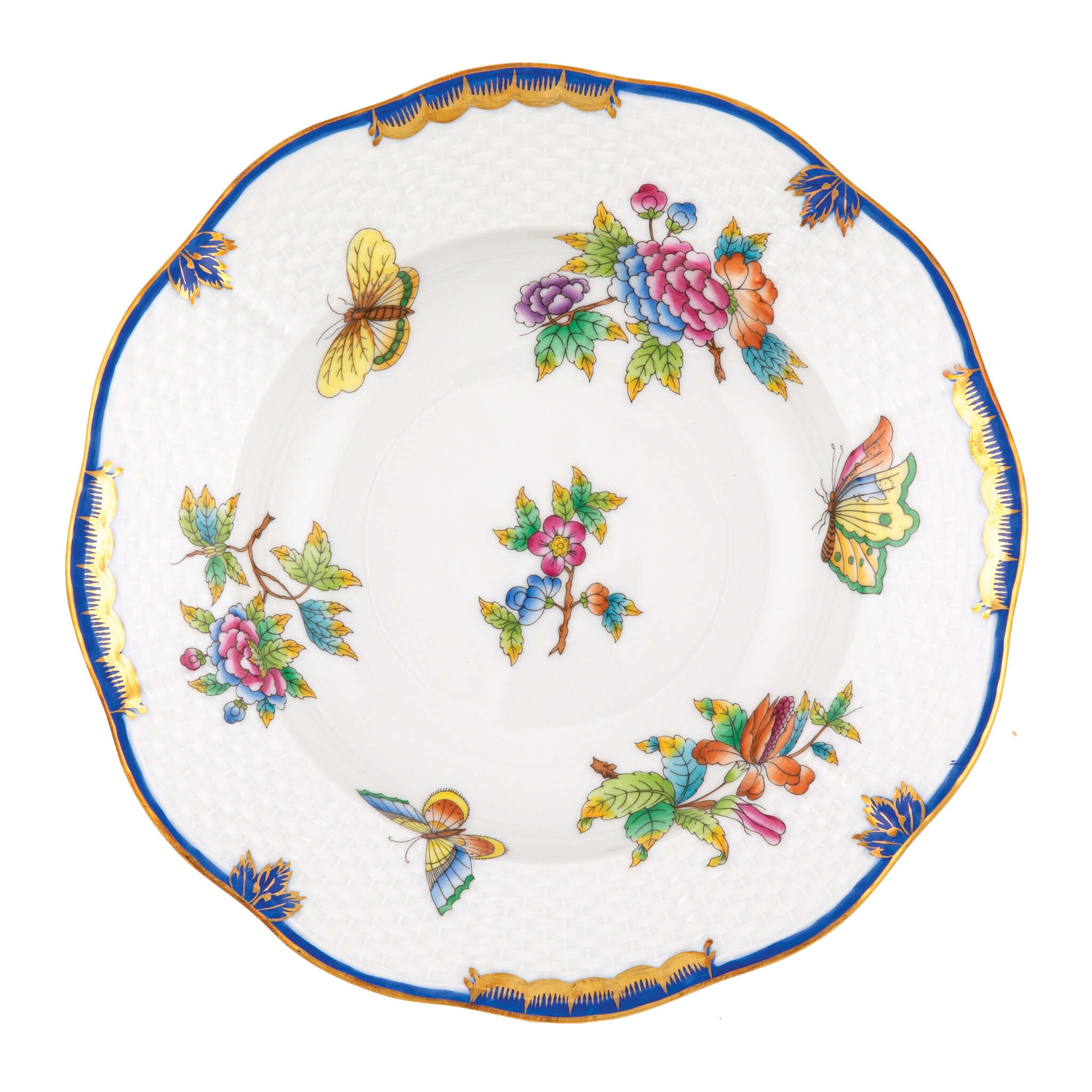 Hand-painted Herend Queen Victoria (Blue) Rim Soup Plate Soup Plates & Rimmed Soup Bowl in fine porcelain, 8in D, on a white background
