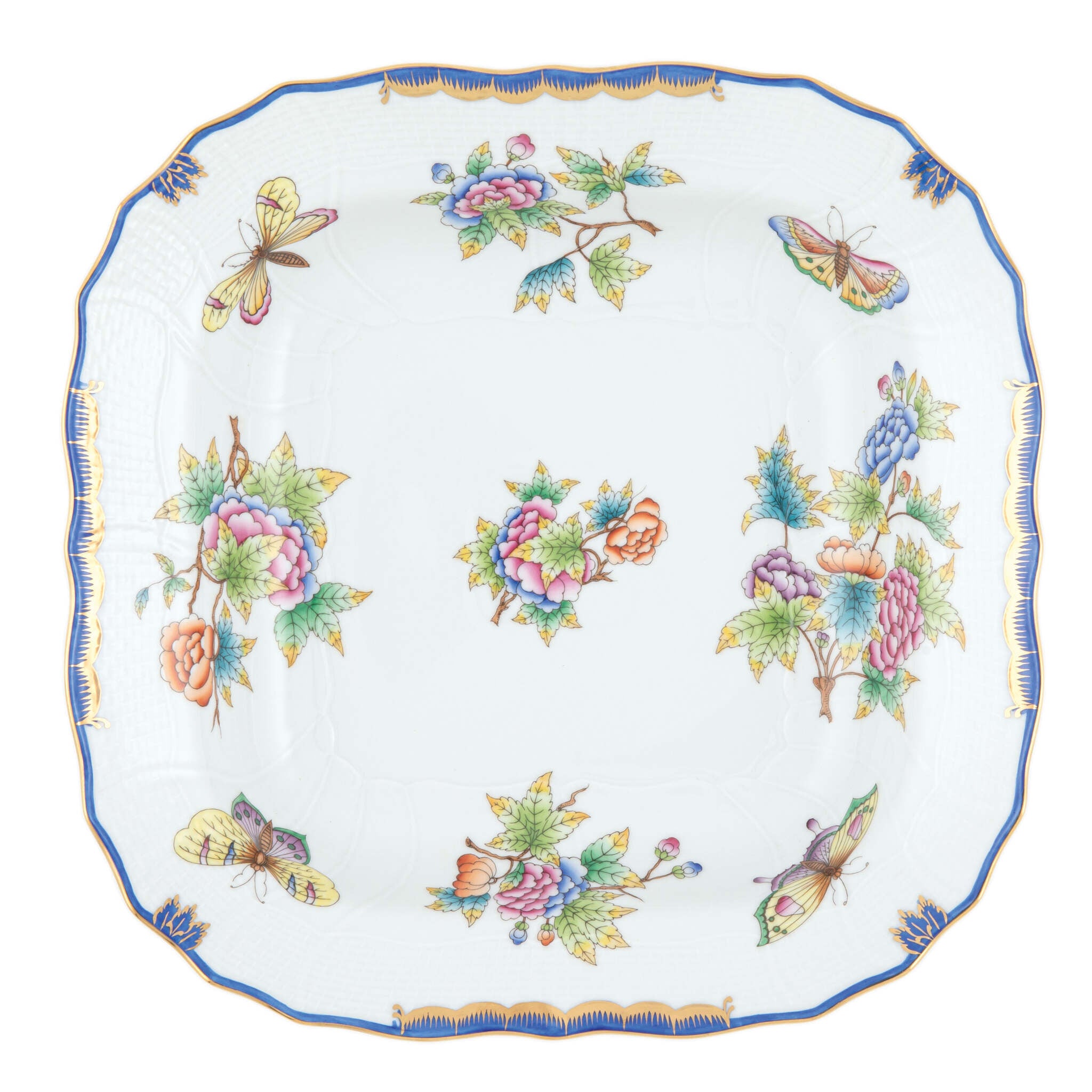 Hand-painted Herend Queen Victoria (Blue) Square Fruit Dish in fine porcelain, 11in SQ, on a white background