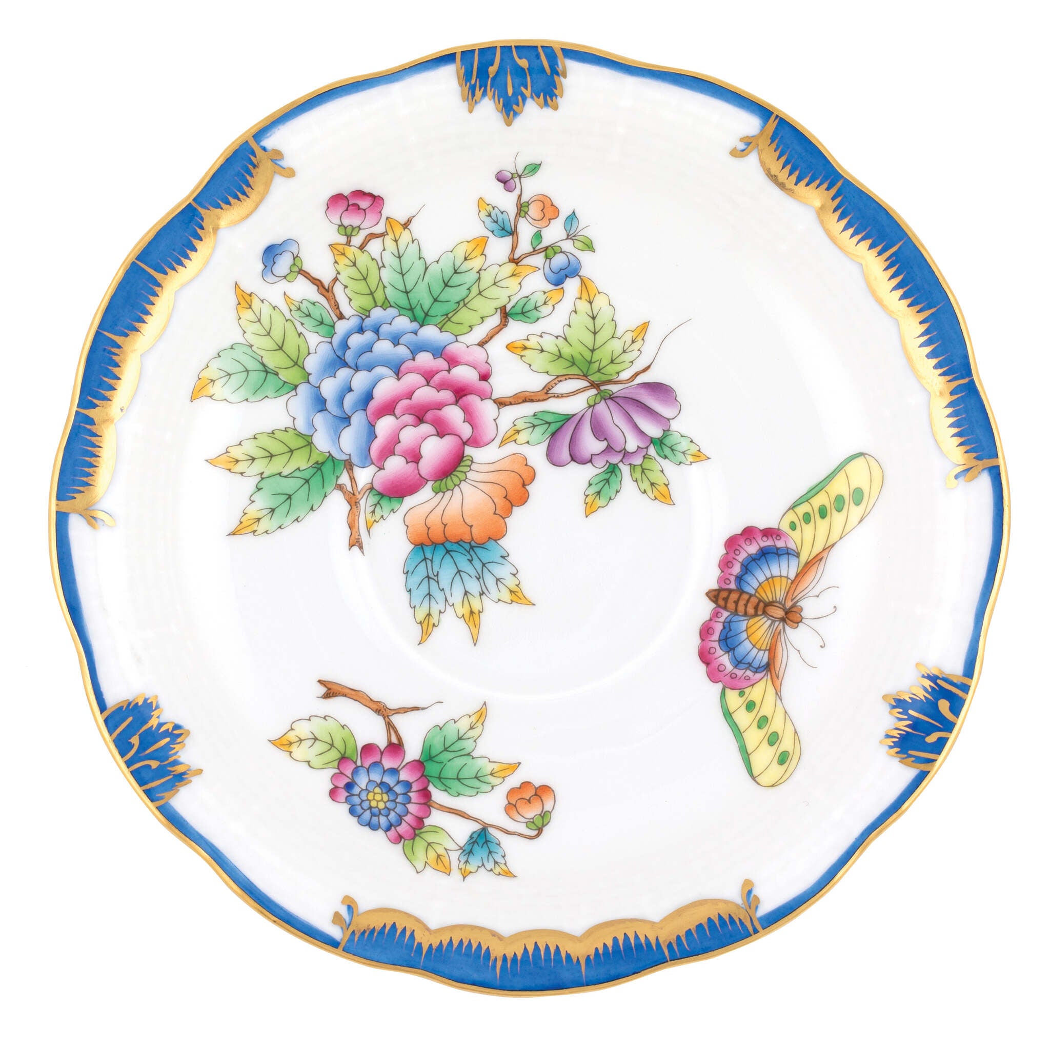 Hand-painted Herend Queen Victoria (Blue) Tea Saucer Cup & Saucer Set in fine porcelain, 6in D, on a white background