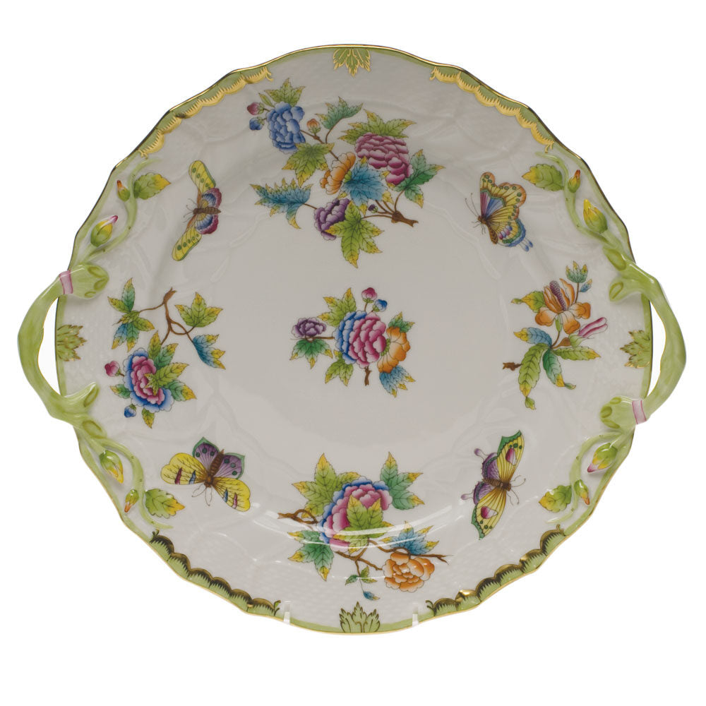 Hand-painted Herend Queen Victoria Chop Plate with Handles in fine porcelain, 14in D, on a white background