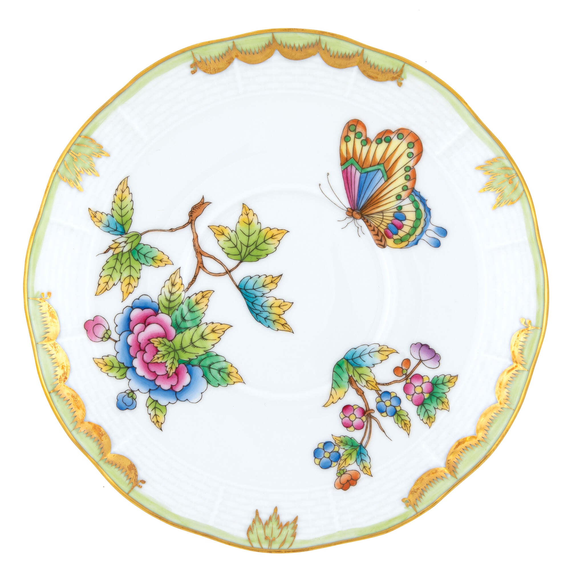 Hand-painted Herend Queen Victoria Covered Bouillon Saucer Bouillon Cup in fine porcelain, 6.5in D, on a white background