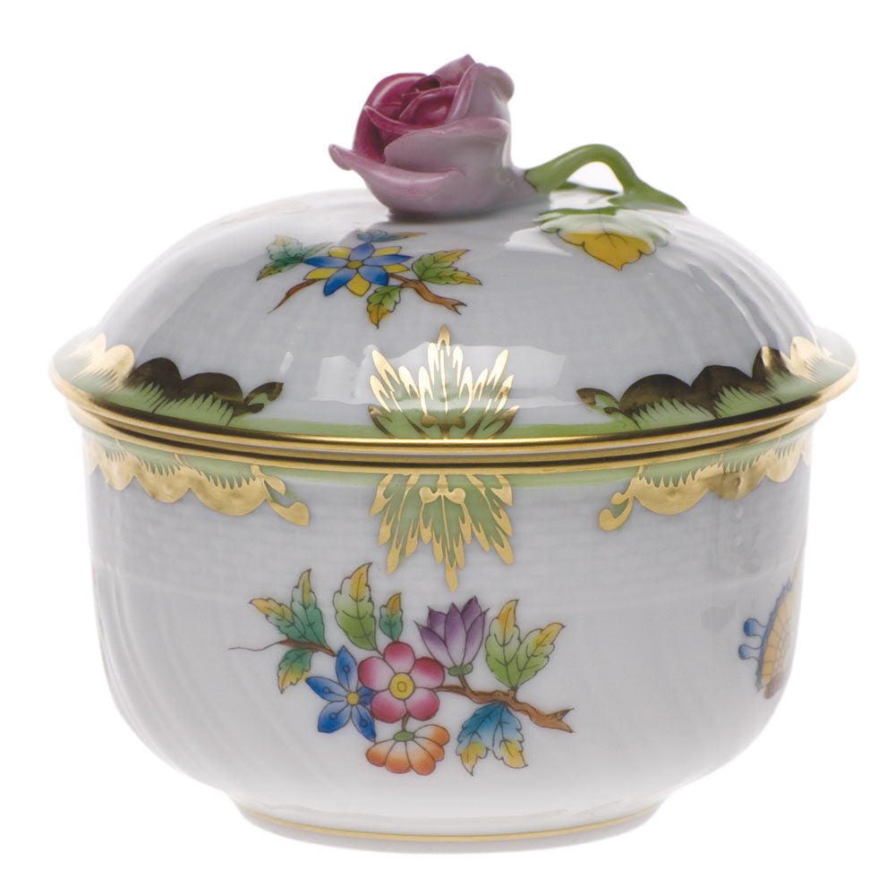 Hand-painted Herend Queen Victoria Covered Sugar with Rose Sugar Bowl in fine porcelain, (10 OZ) 4in H, on a white background