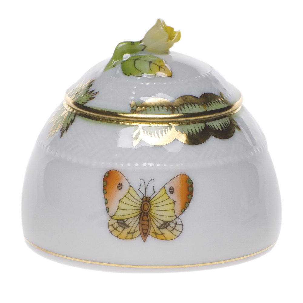 Hand-painted Herend Queen Victoria Honey Pot with Rose in fine porcelain, 2.5in H, on a white background