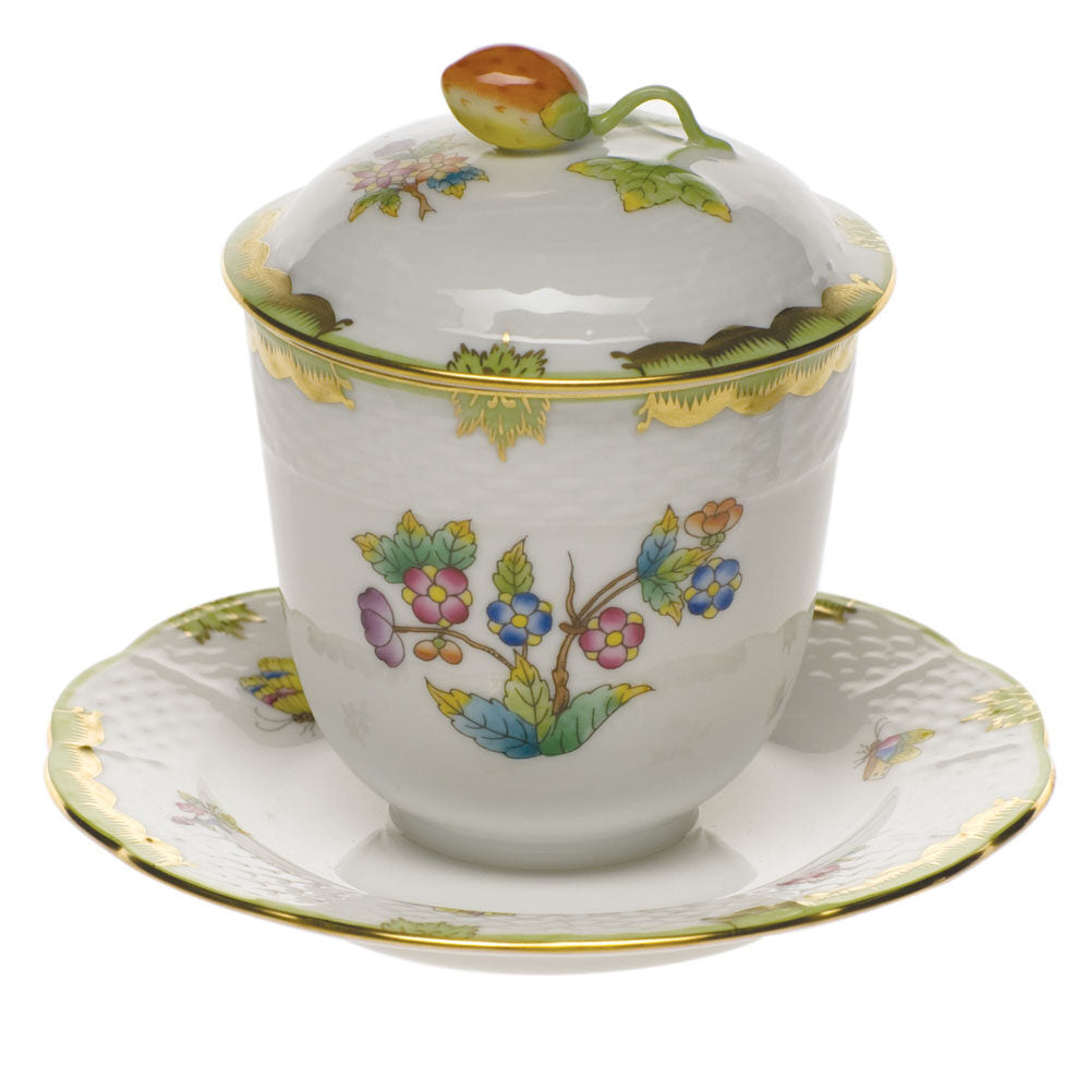 Hand-painted Herend Queen Victoria Jam Jar with Berry Lid in fine porcelain, 4.5in H, on a white background