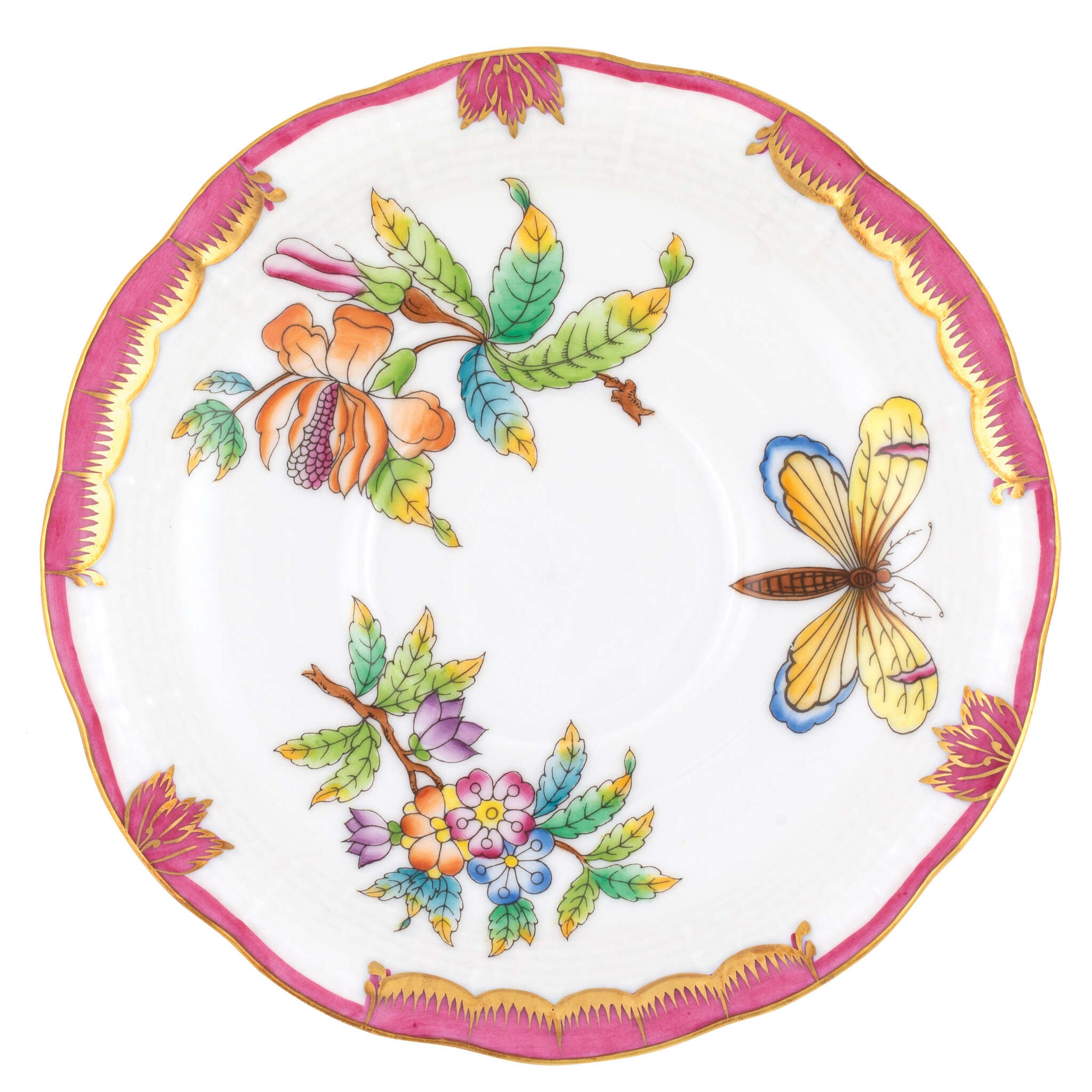 Hand-painted Herend Queen Victoria (Pink) Tea Saucer Cup & Saucer Set in fine porcelain, 6in D, on a white background