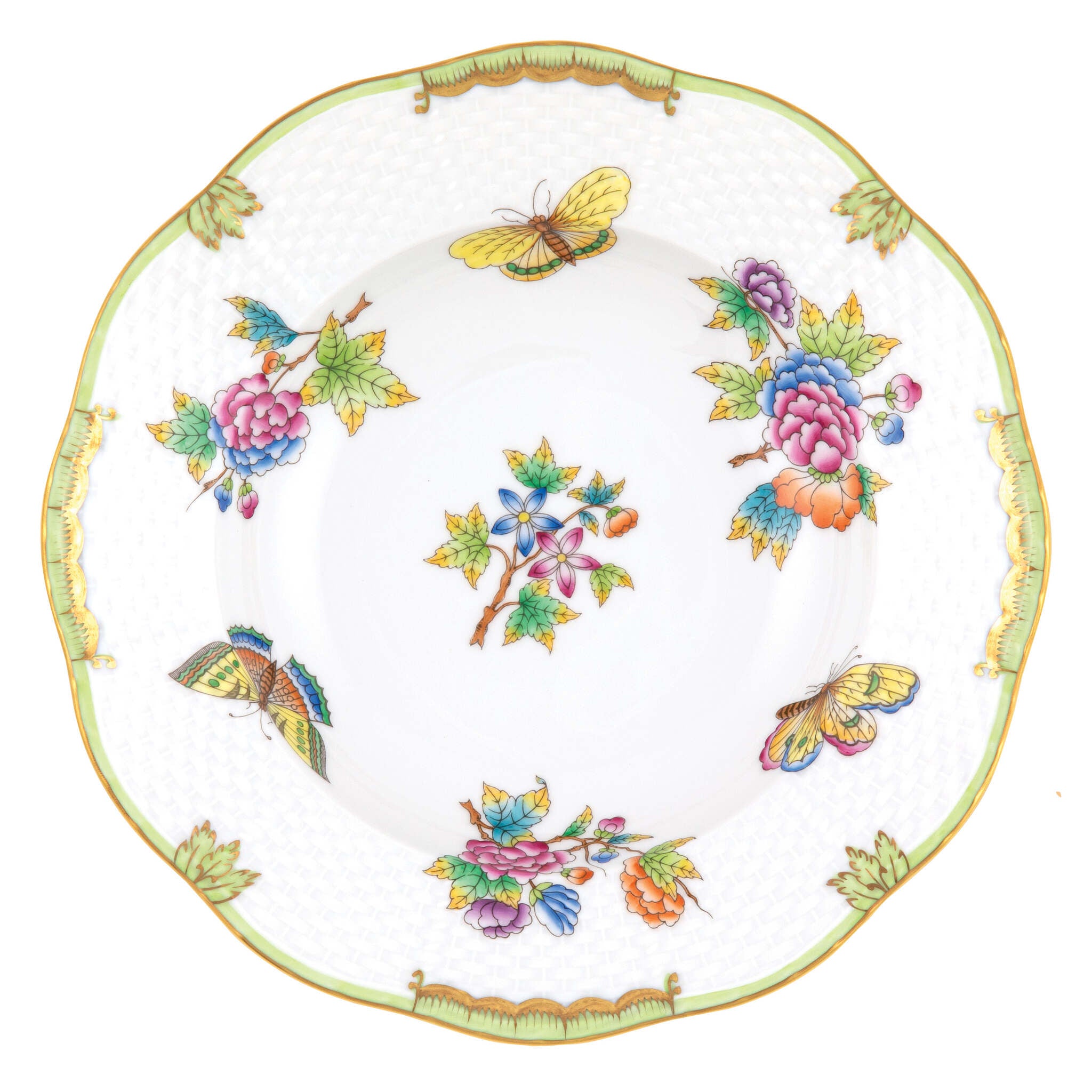 Hand-painted Herend Queen Victoria Rim Soup Plate Soup Plates & Rimmed Soup Bowl in fine porcelain, 8in D, on a white background