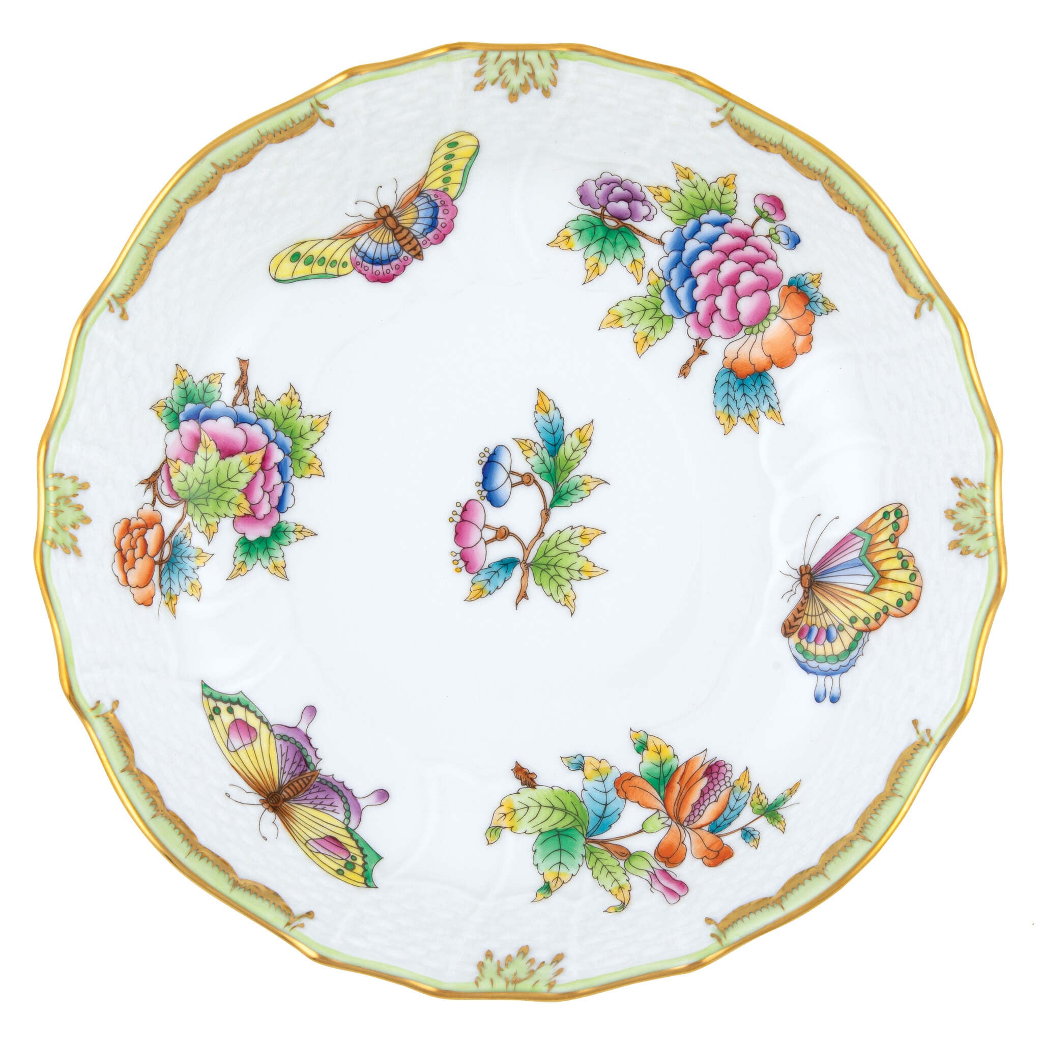 Hand-painted Herend Queen Victoria Scalloped Dinner Bowl in fine porcelain, 8in D X 2in H, on a white background