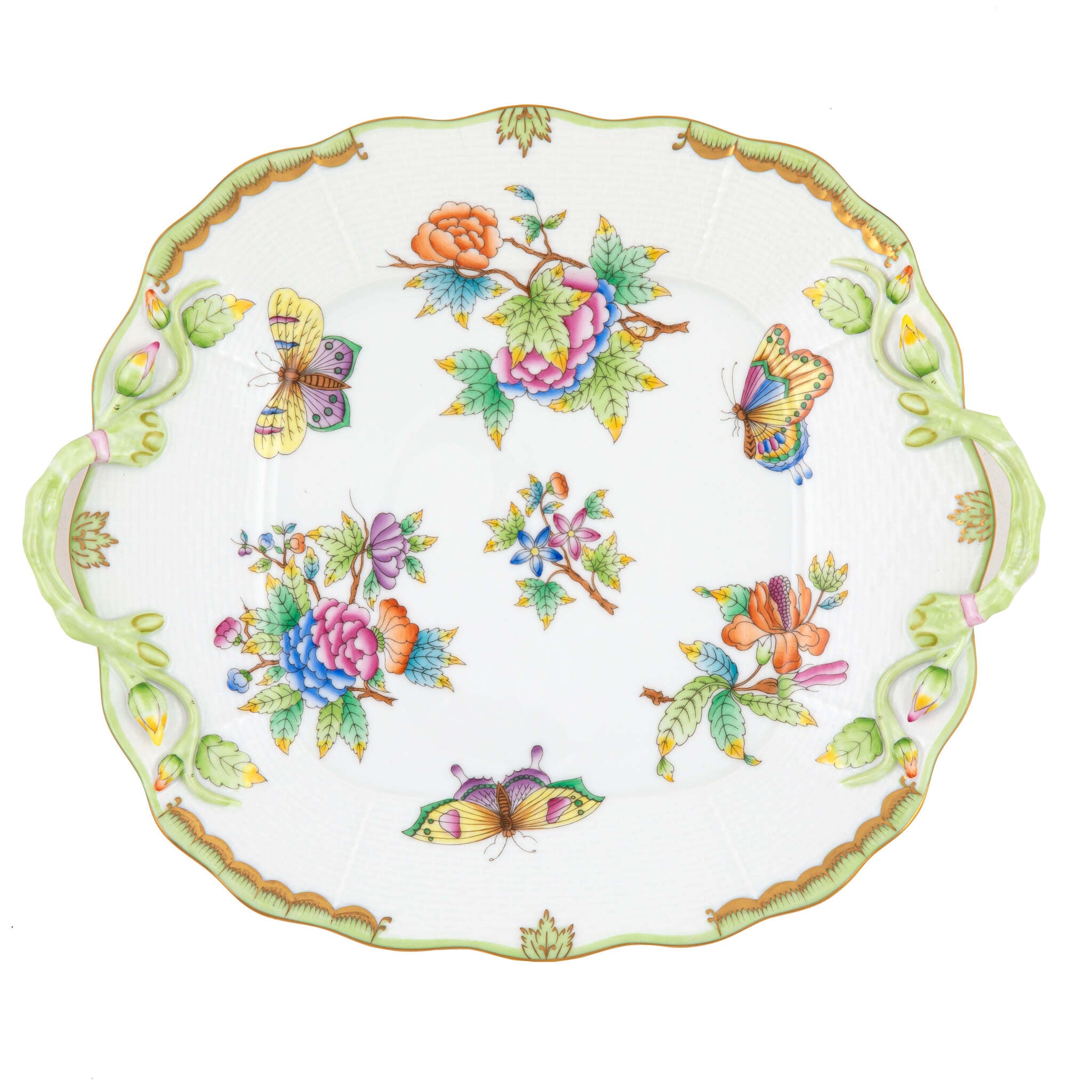 Hand-painted Herend Queen Victoria Square Cake Plate with Handles in fine porcelain, 9.5in SQ, on a white background