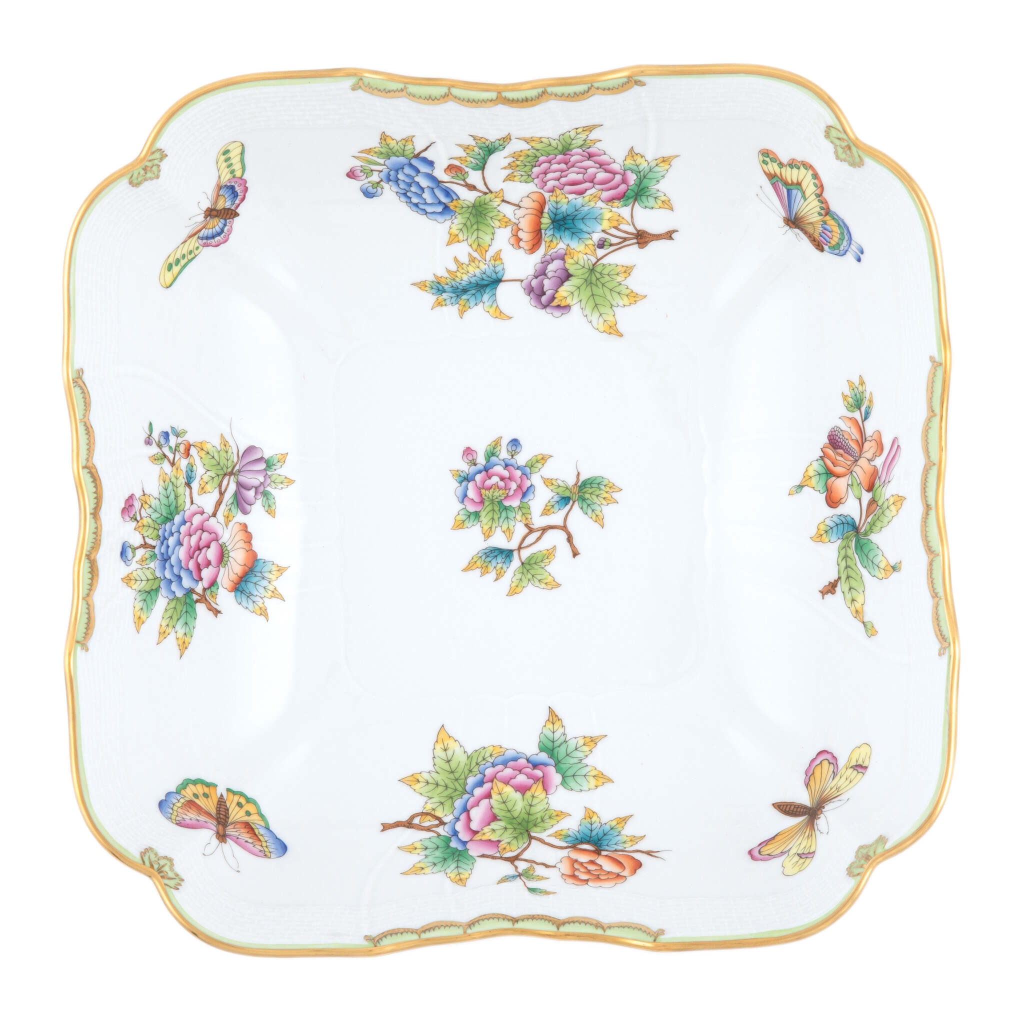 Hand-painted Herend Queen Victoria Square Salad Bowl in fine porcelain, 10in SQ, on a white background