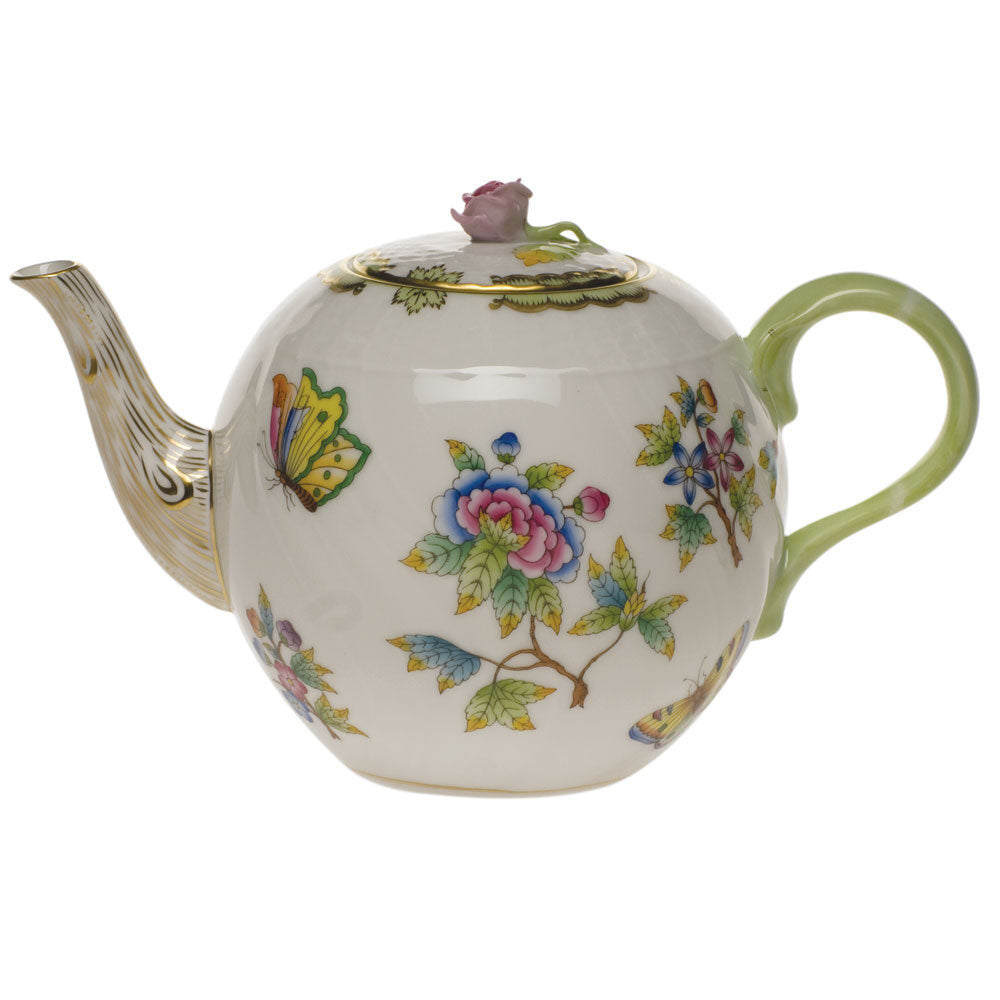 Hand-painted Herend Queen Victoria Tea Pot with Rose Teapot in fine porcelain, (84 OZ) 6.75in H, on a white background