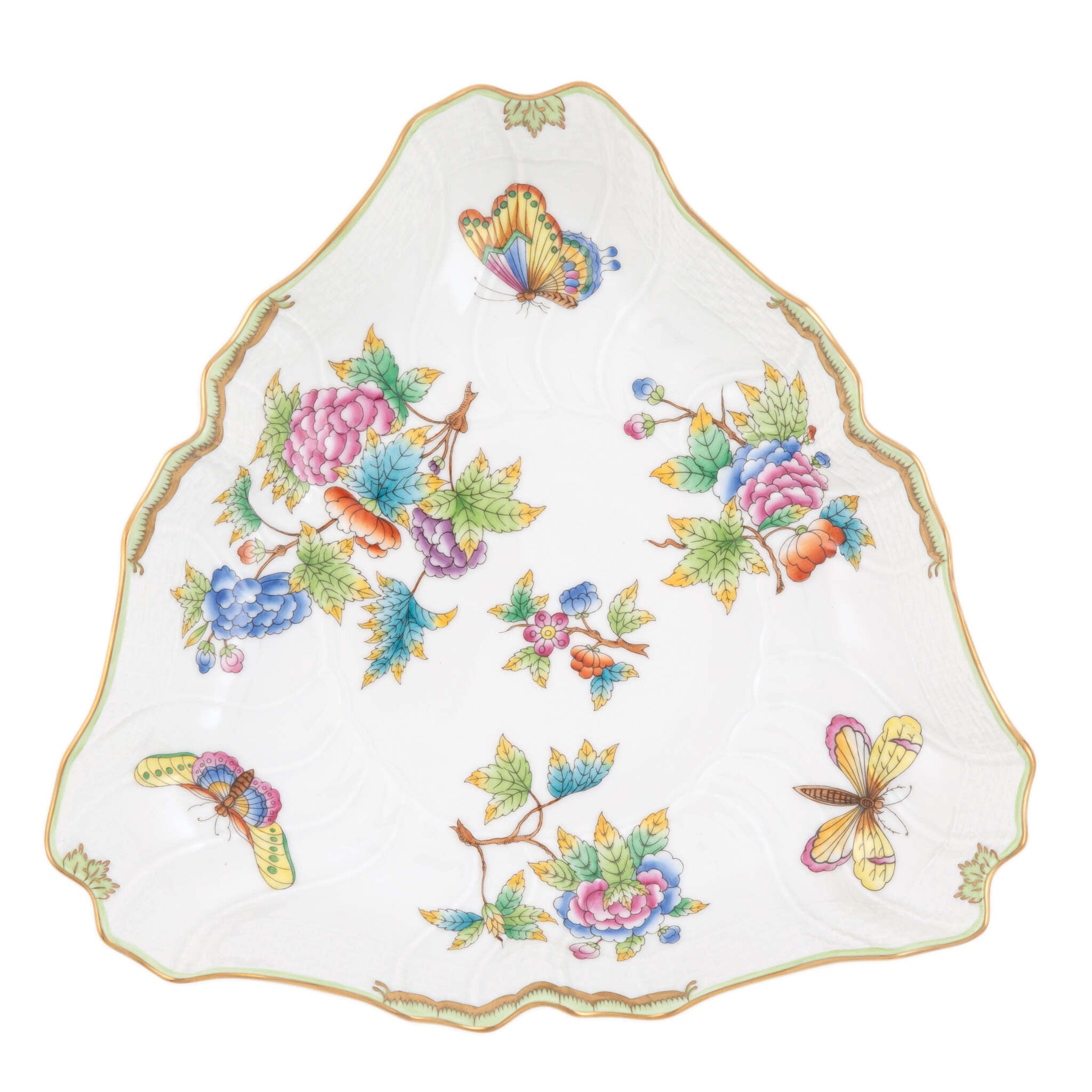 Hand-painted Herend Queen Victoria Triangle Dish in fine porcelain, 9.5in L, on a white background