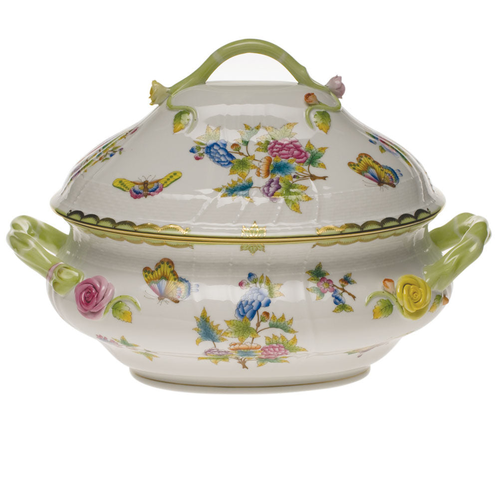 Hand-painted Herend Queen Victoria Tureen with Branch Handles in fine porcelain, (4 QT) 10in H, on a white background